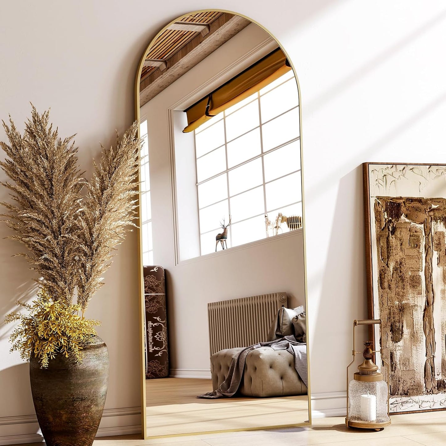 24x68 Arched Full Length Mirror Floor Mirrors with Aluminum Alloy Frame Free-Standing Wall Mounted Floor Mirrors or Large Dressing Mirror, Gold Mirror Full Length