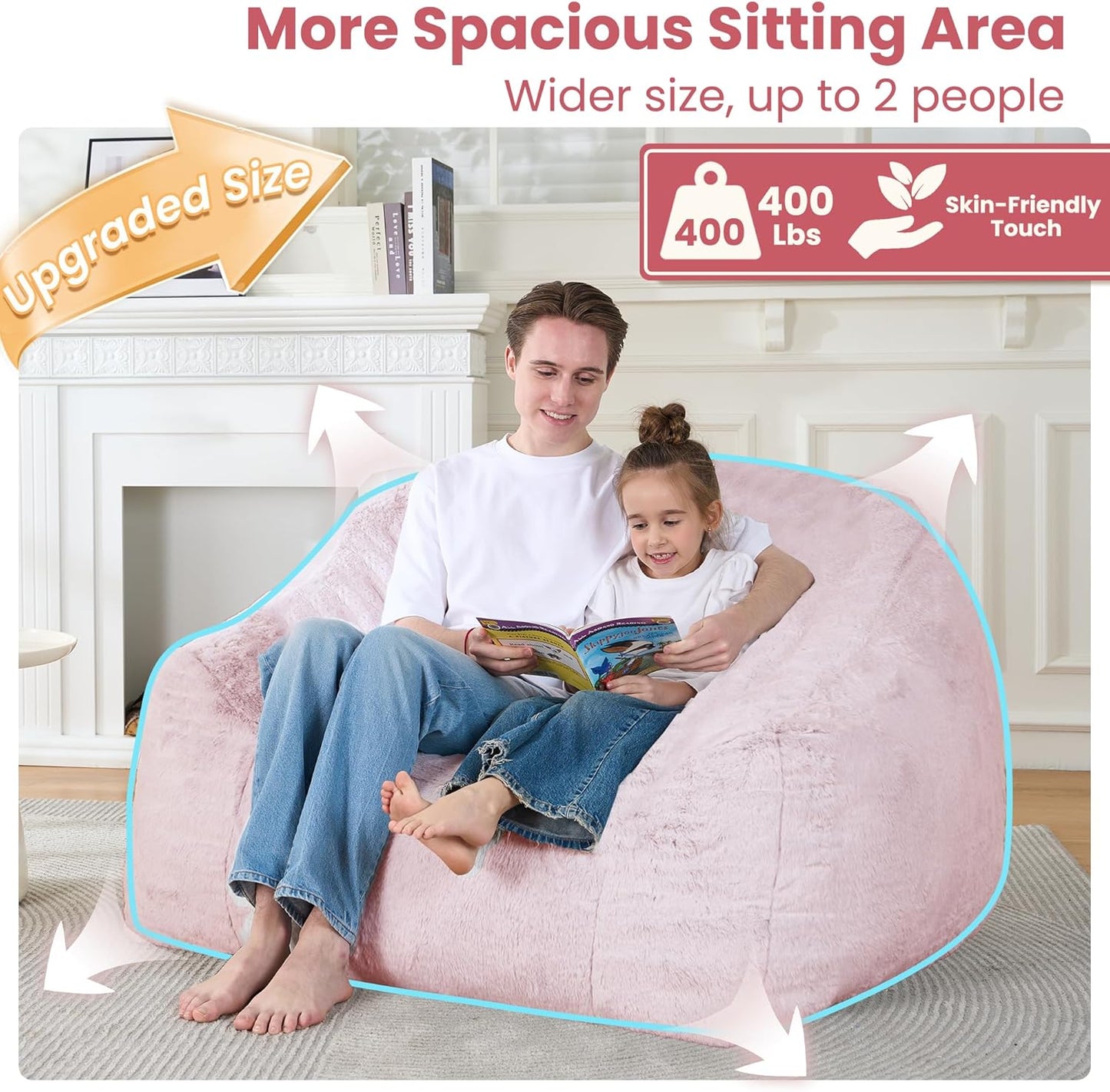 Bean Bag Chairs for Adults, Giant Beanbag Sofa Comfy Reading Chair, Oversized Bean Bag Chairs for Living Room Bedroom, Soft Faux Fur Fabric, 3.2FT, Pink, Plush