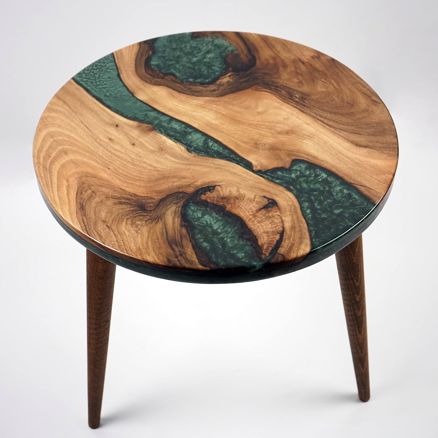 20" Resin Walnut Round Side Table | Epoxy End Table | Coffee Table | Mid Century Modern Resin Walnut | Living Room Furniture | Green Color