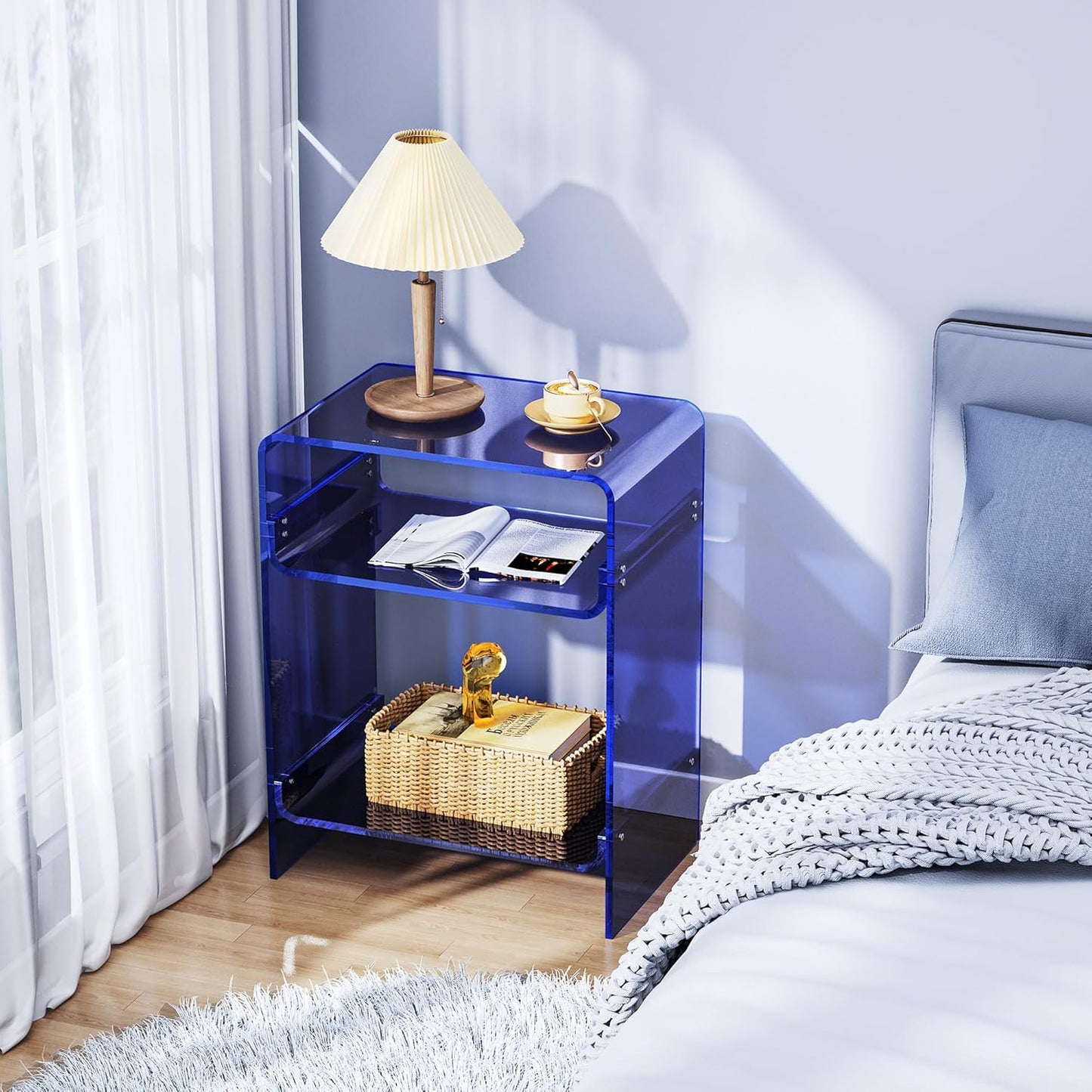 Acrylic Record Player Table with Storage Shelf, Clear Side Table Nightstand (Dark Blue)