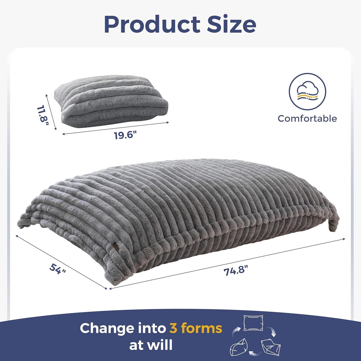 MAXYOYO Giant Bean Bag Chair with Pillow, 3 in 1 Convertible Bean Bag Chair for Adults with Washable Cover, Removable Floor Cushion Stuffed Floor Lounger for Living Room Bedroom, Grey