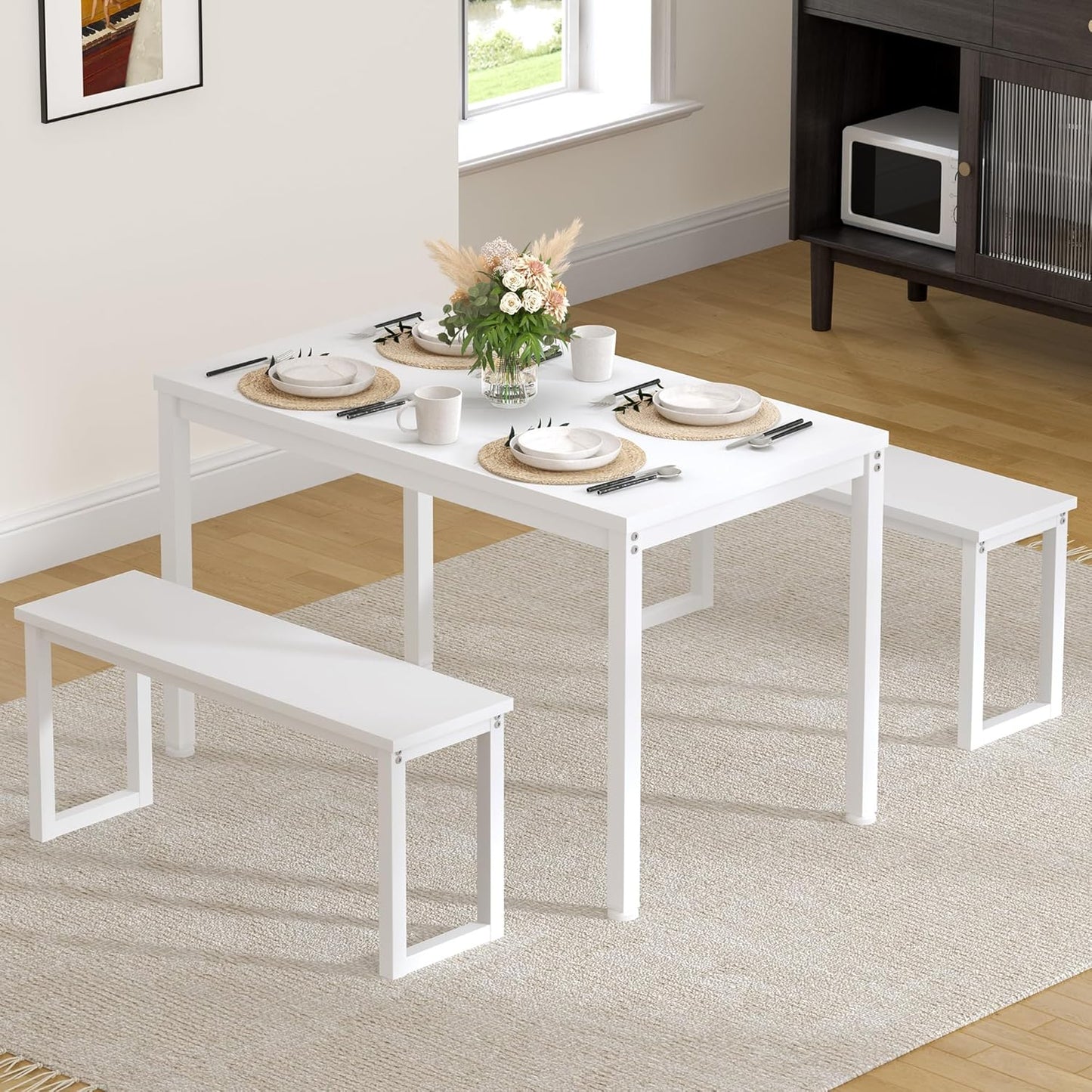 Soges Industrial Style White Dining Table Set for 4, 3 Piece Rectangular Wooden Table and Long Benches, Kitchen and Dining Room Set