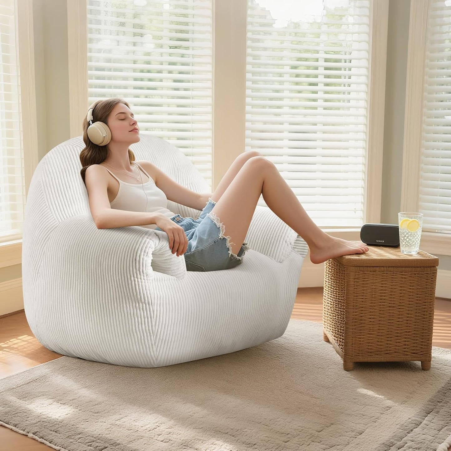 DAICO Bean Bag Chairs for Adults Oversized BeanBag Chair with Armrests Bean Bag Sofa Comfy Accent Chair Corduroy Lazy Floor Single Sofas with Foam for Bedroom Living Room Reading Gaming Beige