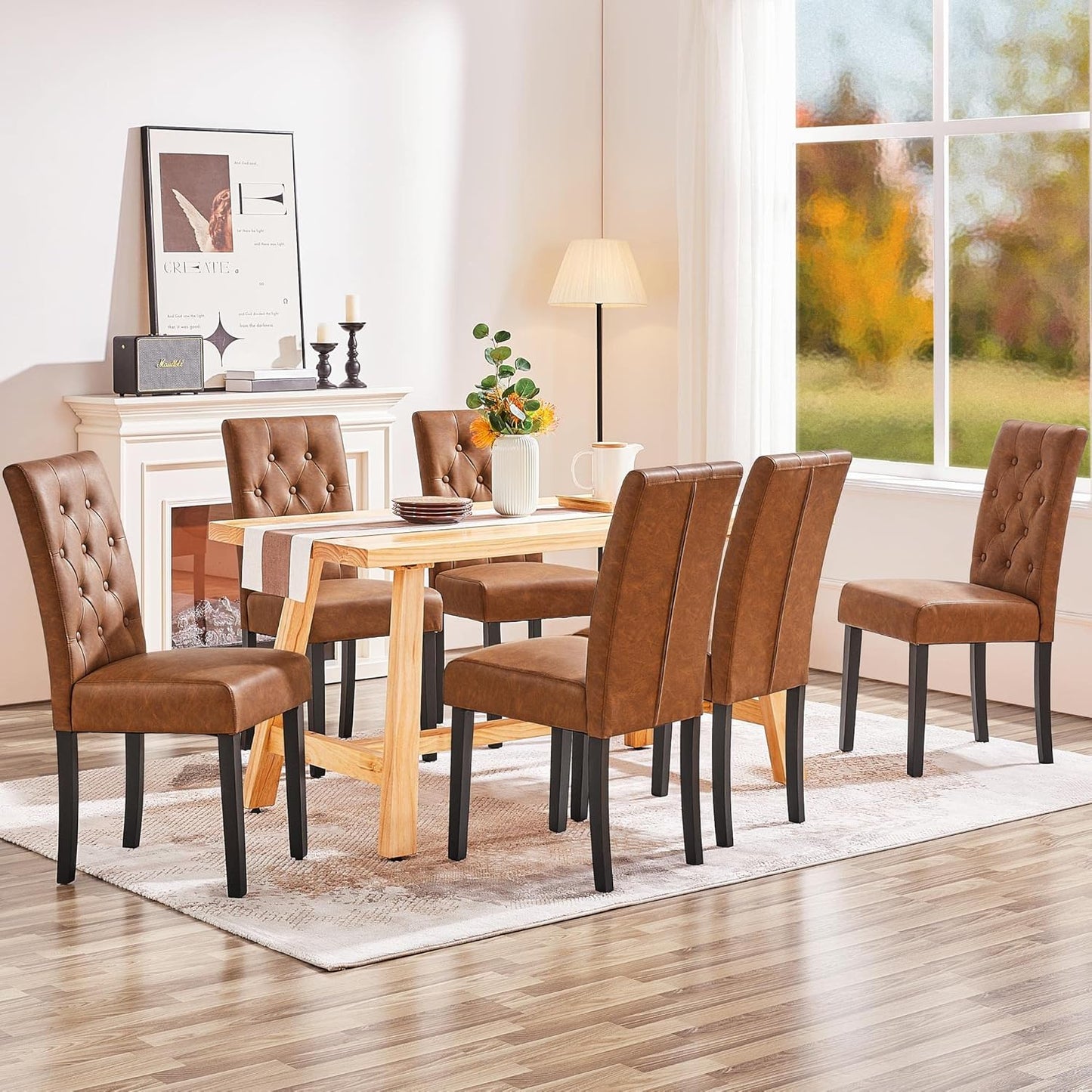 Yaheetech Dining Chairs Set of 4 Modern Style Faux Leather Dining Room Chairs with Solid Wood Legs and Button Tufted Padded for Home Kitchen, Retro Brown