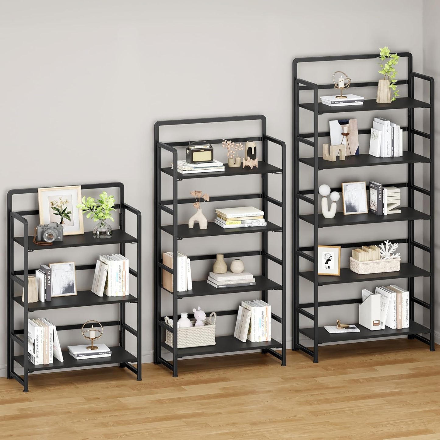 No Assembly Folding Bookshelf, 5 Tiers Collapsible Book Shelf for Home Office, Vintage Wood Foldable Bookcase Storage Organizer for Living Room Bedroom (Black)