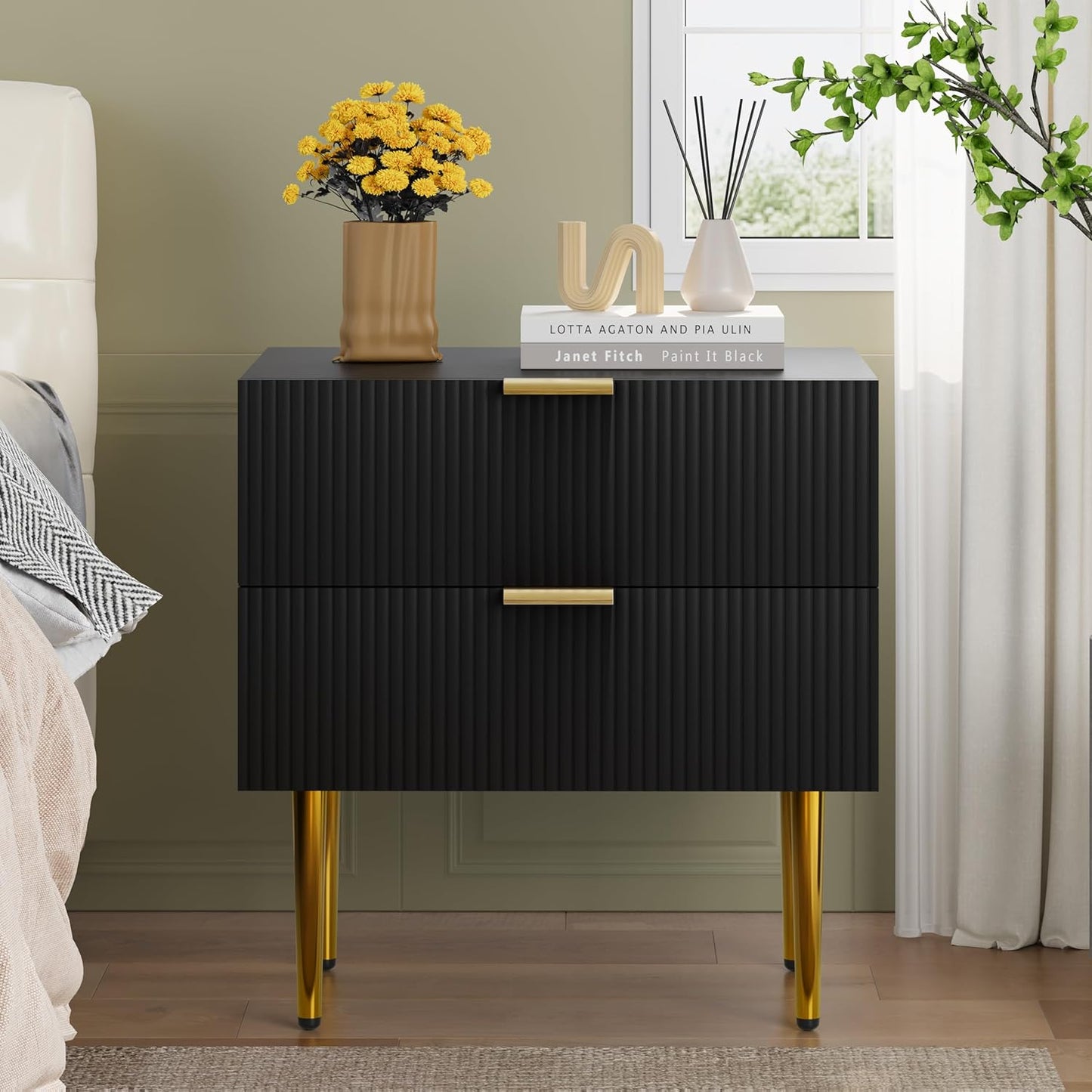 Black Nightstand for Bedroom, Fluted Night Stand, End Table for Living Room, Mid Century Modern Bedside Table with Drawers, Bed Side Table with Gold Metal Legs, Bedroom Furniture Stripe
