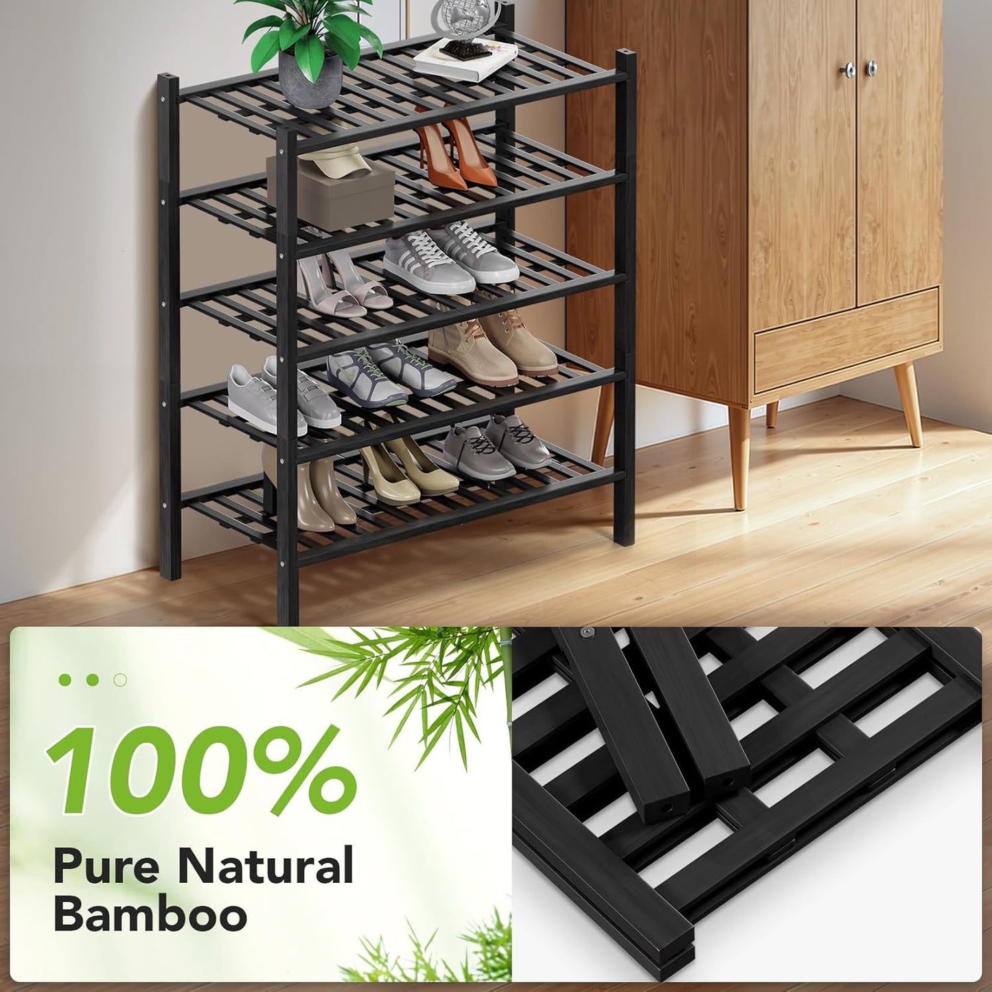 Haddockway 5 Tier Bamboo Shoe Rack Storage Organizer, Multifunctional Free Standing Stackable Shoe Shelf with Grid Panel for Closet,Hallway,Entryway,Small Space 27"x11"x32"(Black, 5 Tier)