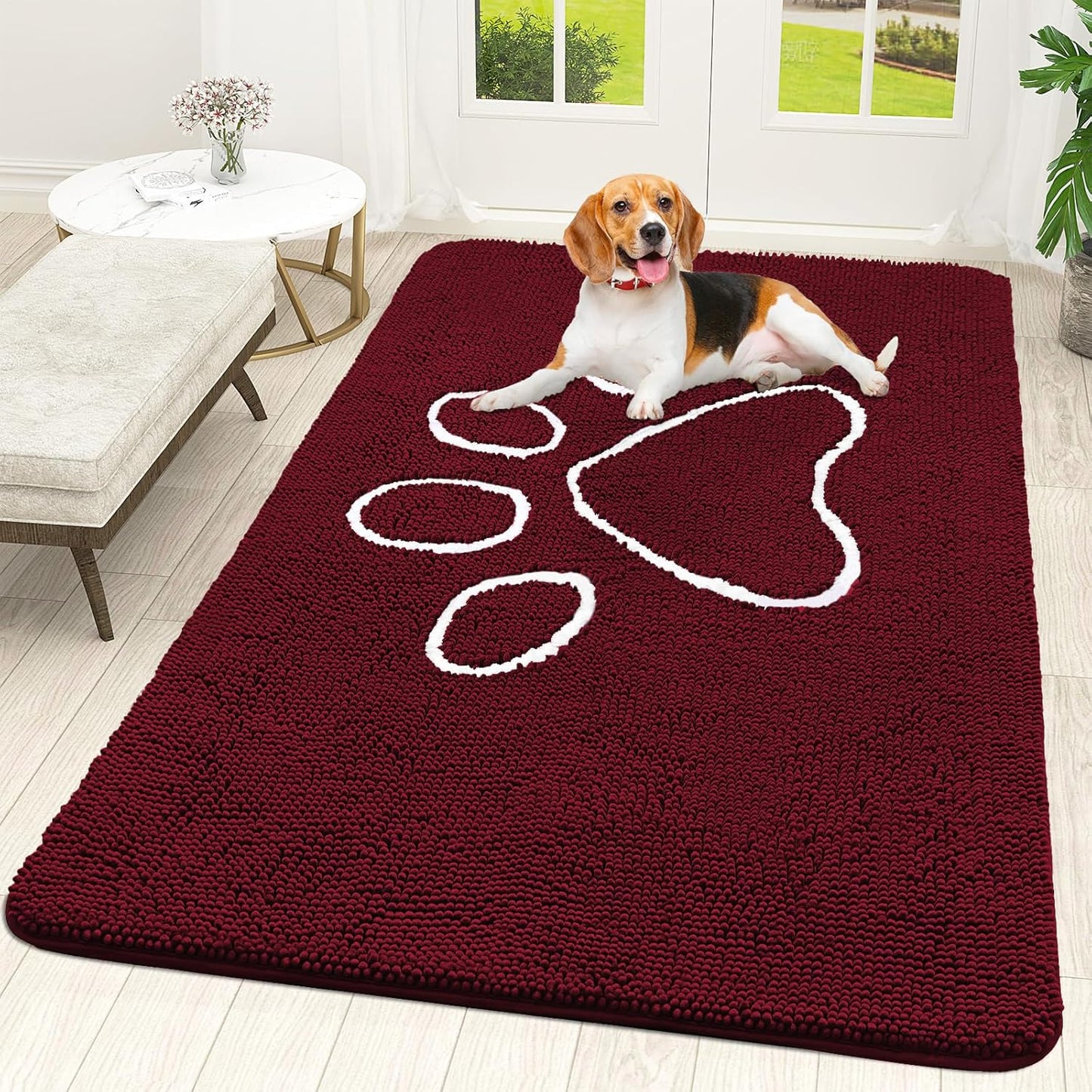 OLANLY Door Mat for Muddy Dog Paws 59x35, Ultra Absorbent Chenille Mud Doormat with Paw Print Design, Non-Slip Washable Doormat for Indoor Entryway, Quick-Dry Pet Bed Mats for Dirty Dogs, Burgundy