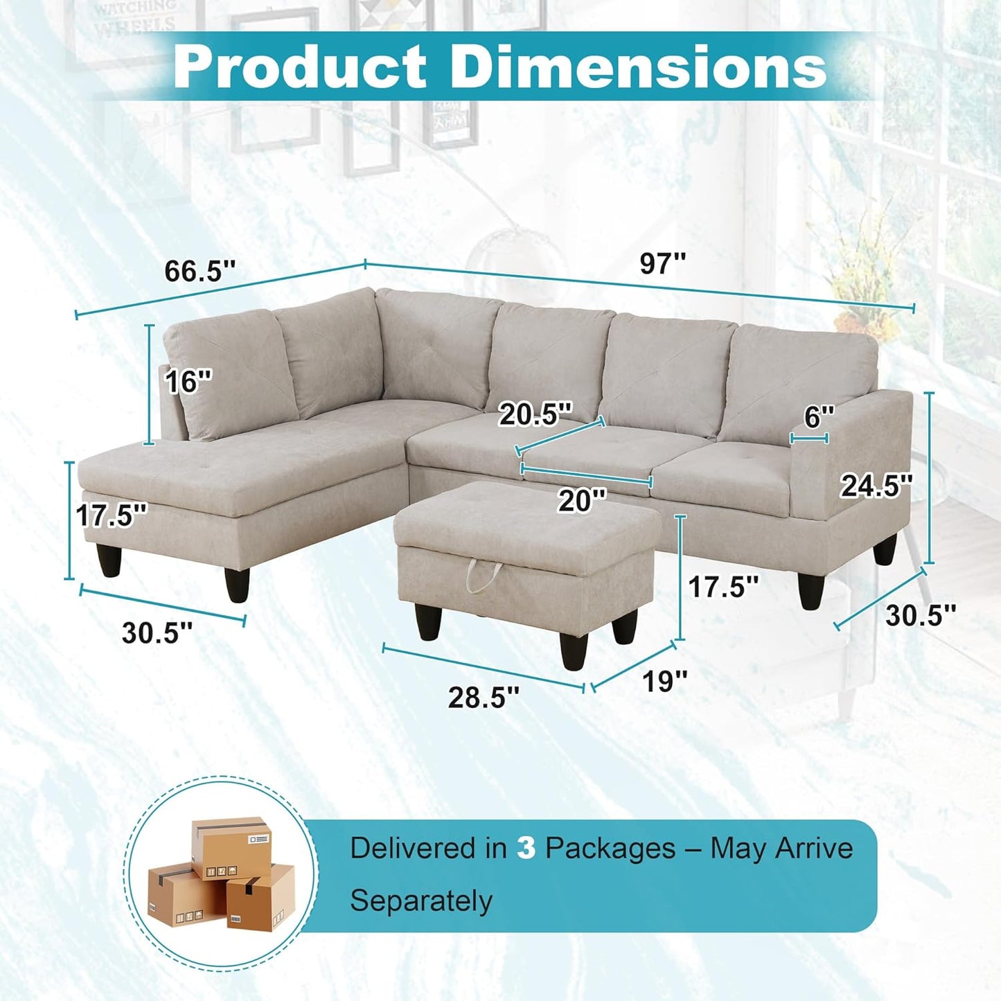 97" Oversized Sectional Couch, L Shaped Couch with Storage Ottoman, Modern Modular Sofa with Deep Seat, Sectional Couches for Living Room and Office, Off-White (Flannelette)