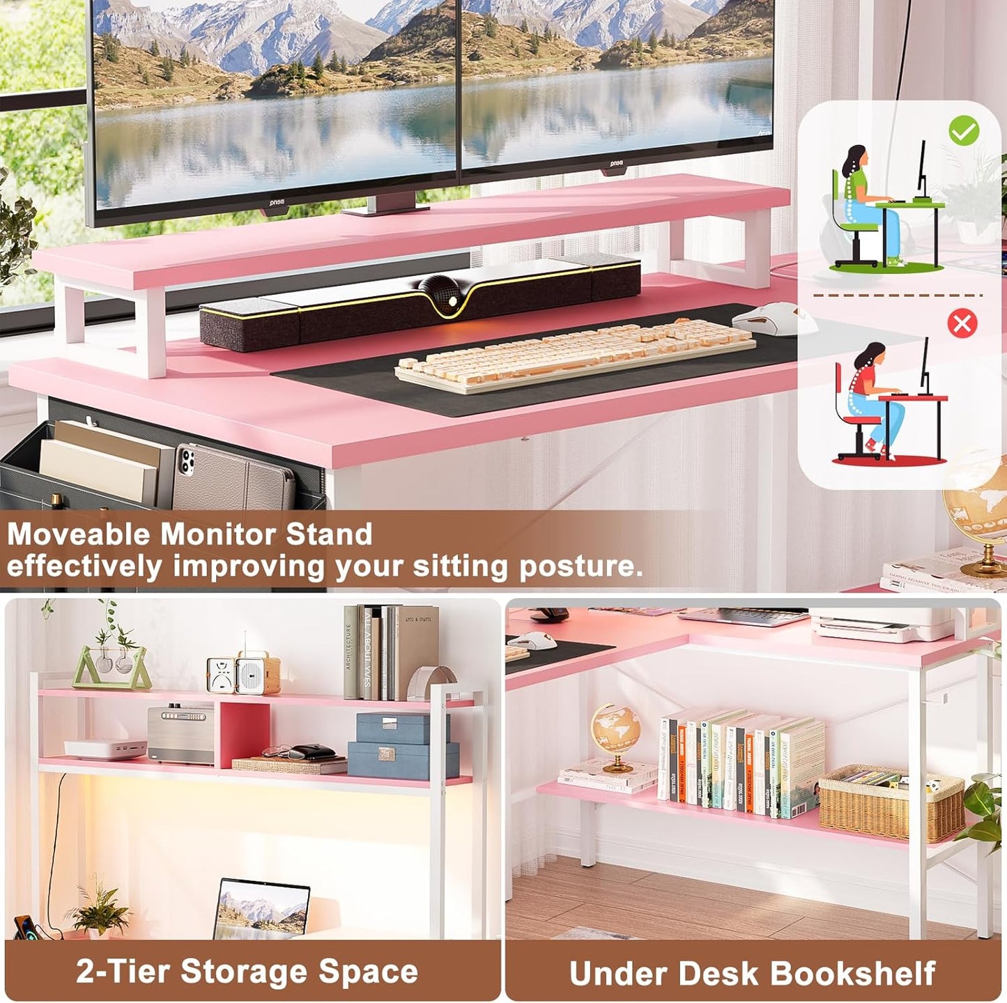 Aheaplus L Shaped Gaming Desk with Power Outlets & LED Lights, Small L- Shaped Desk Computer Corner Desk with Monitor Stand & Storage Shelf, Home Office Desk Writing Desk with Storage Bag, Pink