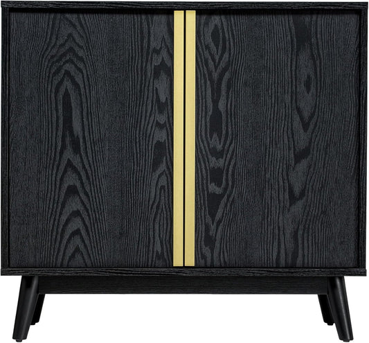 Sango Cortland 2-Door Accent Cabinet, Sleek Black Storage Cabinet with Brass Handles, Adjustable Shelf, Minimalist Mid-Century Modern Design, Stylish & Functional Furniture for Living or Dining Room