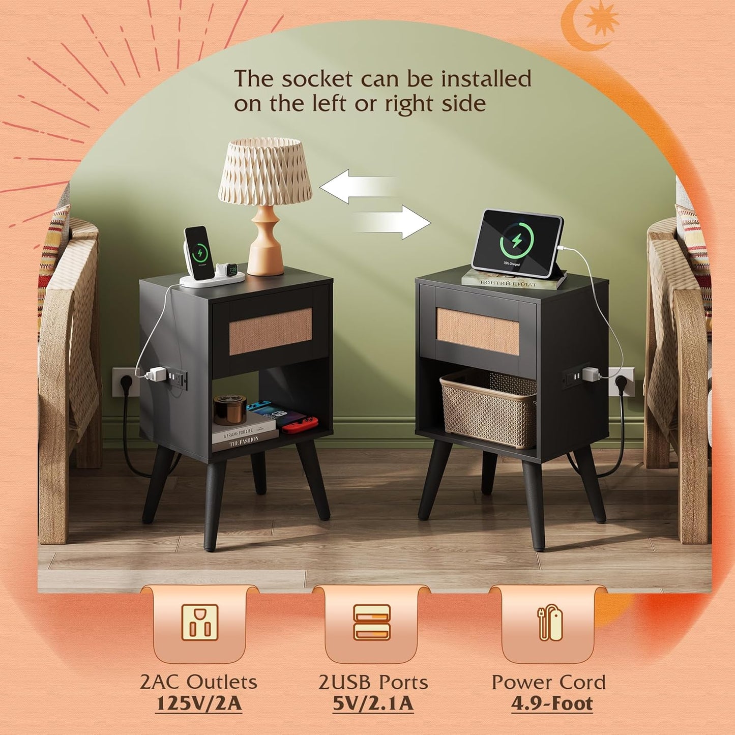 WLIVE Black Rattan Night Stand with Charger Station, Small Side Table Drawer Storage and Shelf, Mid Century Nightstands with Rattan Decor, Small Side Table for Bedroom, Black