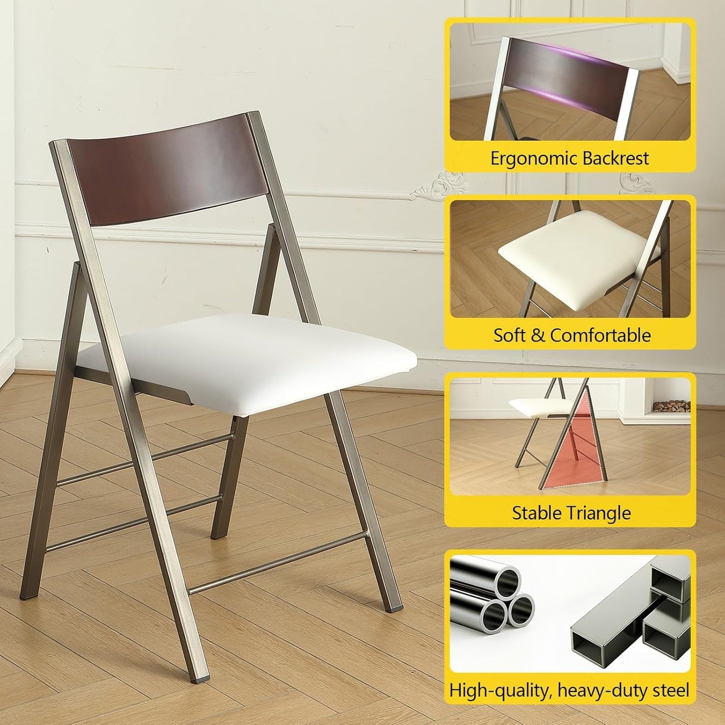 Folding table and chair set, dining table with extra large storage space and 4 universal wheels, matched with padded steel frame folding chairs, space-saving dining table and 2 chairs (White)