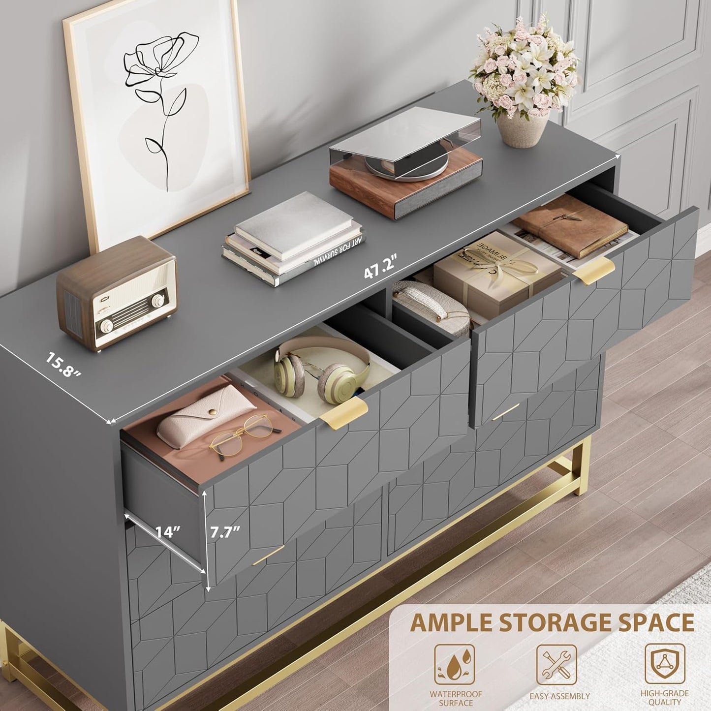 GAOMON Grey Dresser for Bedroom,Modern 6 Drawer Double Dresser with Gold Handles,Long Storage Organizer for TV Stand & Closet,Large Chest of Drawers for Living Room,Hallway,Entryway