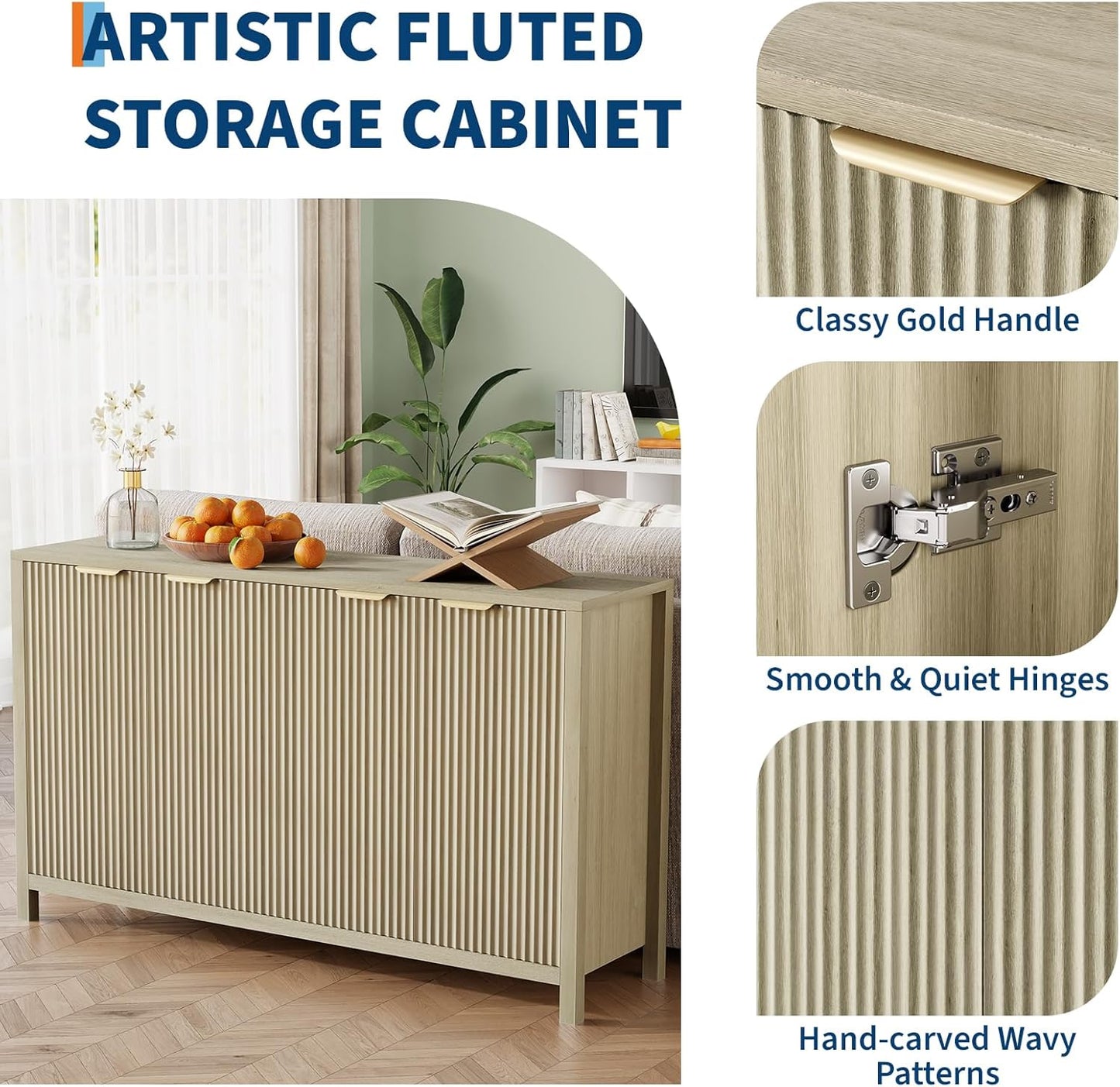 Buffet Cabinet with Storage, 55" Sideboard with 4 Doors and Adjustable Shelves, Modern Credenza Buffet Table Media Console for Dining Room Living Room Entryway, Oak