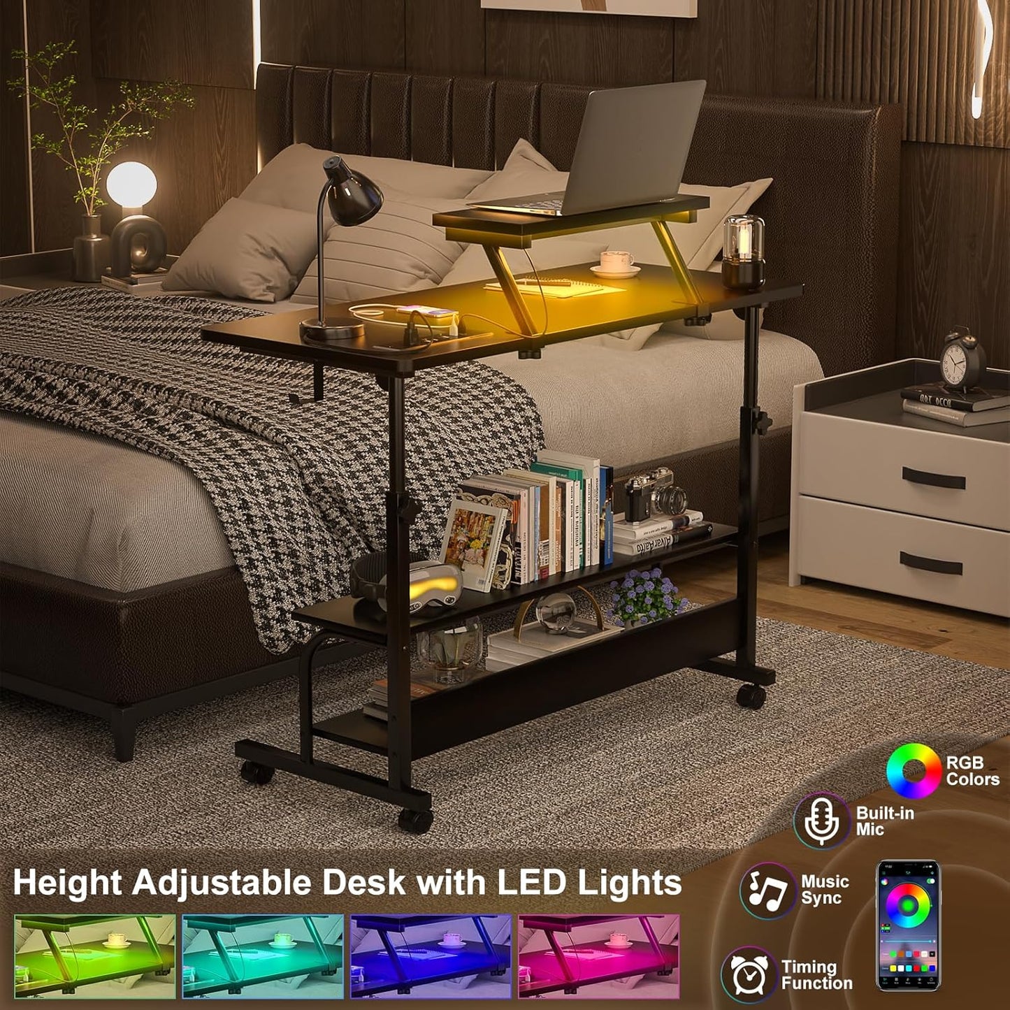 Height Adjustable Standing Desk with Power Outlets and LED Lights - 39" Manual Stand Up Desk with Monitor Stand and Storage Shelves Small Mobile Rolling Computer Desk Portable Laptop Table, Black