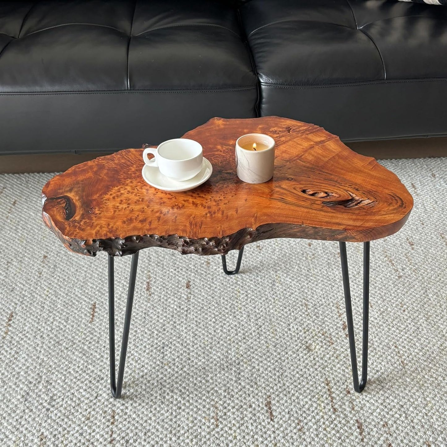 Live Edge Coffee Table, Natural Wood Coffee Table for Living Room, Natural Fir Unique Desktop with Metal Hairpin Legs (Large)