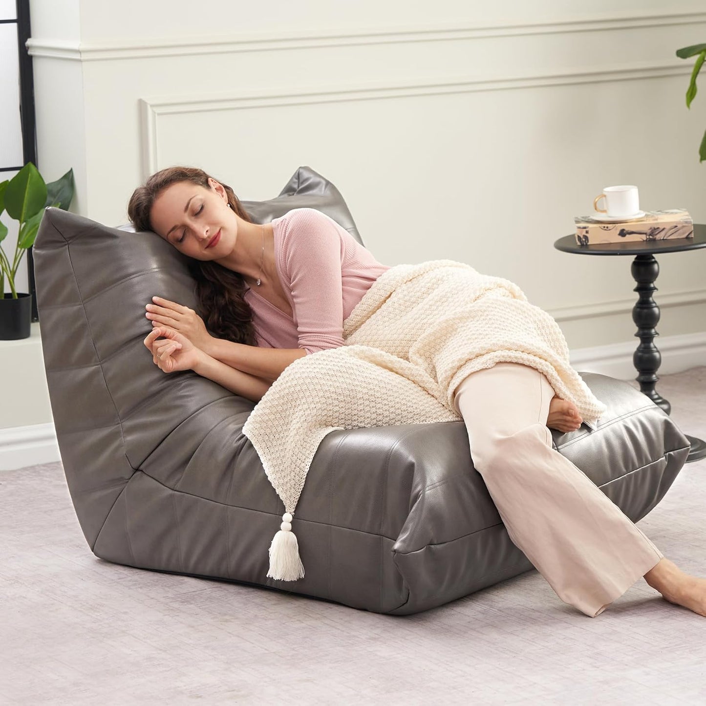 Hobestluk Giant Bean Bag Chair Lazy Floor Sofa, Memory Foam Fireside Sofa for Adults, Big Beanbag Faux Leather Armless Chair for Living Room Bedroom Dorm Office (Grey, Single)