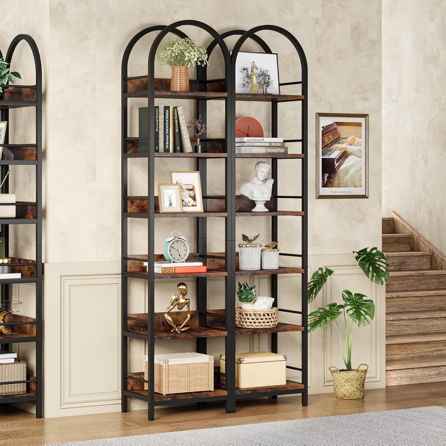 LITTLE TREE Bookshelf Set 2, Skinny 78.7 Inches Tall Arched Bookshelf, 6 Tiers Brown Open Bookcase with Black Metal Frame, Freestanding Corner Display Shelves Rack for Living Room, Home Office