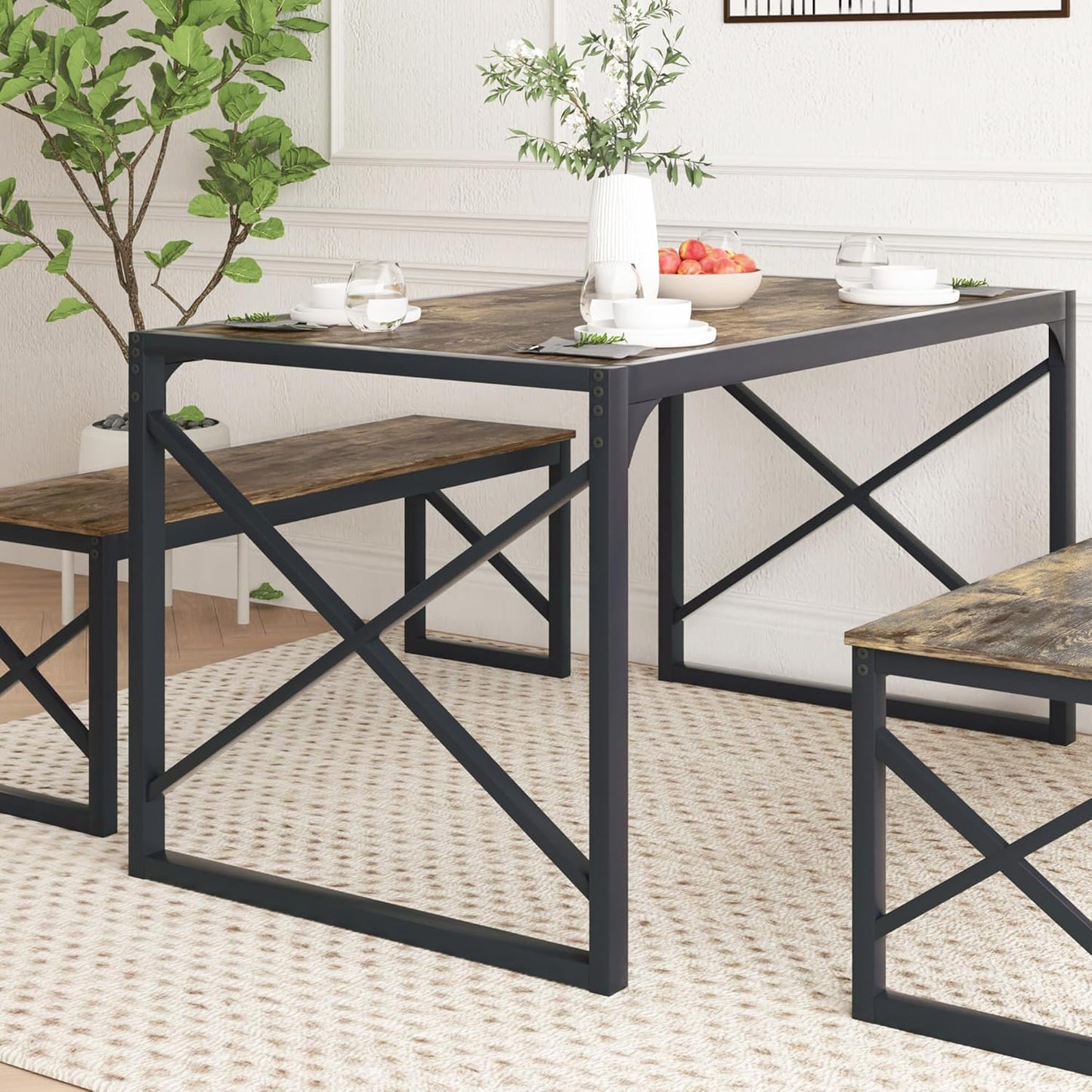 VECELO Kitchen Dining Table Set for 4 to 6, 55" Wood Dinette 2 Benches with Metal Frame for Dinner Breakfast Nook and Small Space, Grey