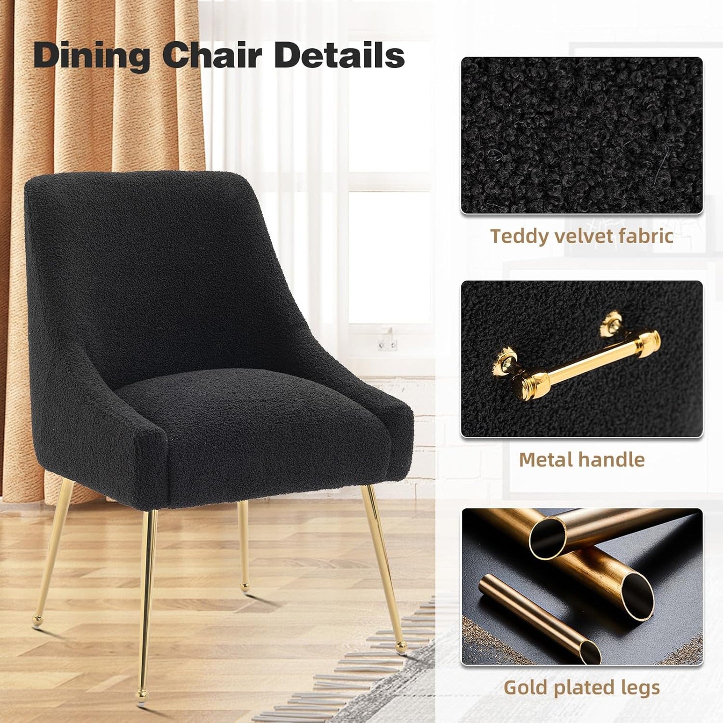 Dining Chairs Medieval Modern Restaurant Chairs, Soft Cushions, Teddy Velvet, Polished Gold Metal Legs, Kitchen Chairs, Living Room Black 4-Piece Set