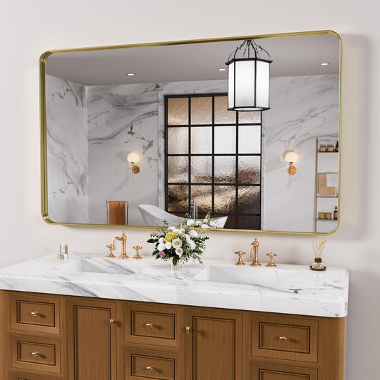 Gold Bathroom Mirror, 60x30 Inch Brushed Gold Metal Frame Mirror for Wall, Rounded Rectangle Bathroom Vanity Mirror, Tempered Glass, Anti-Rust, Horizontal/Vertical