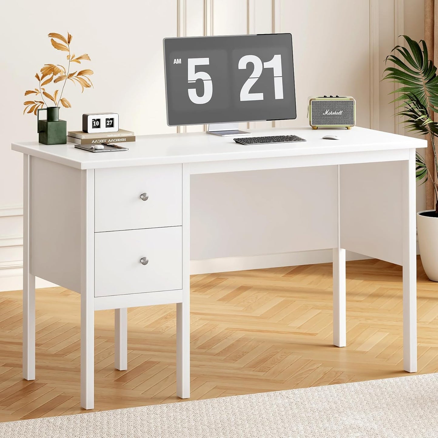 BHG Computer Desk with Drawers,Modern White Home Office Desk with Storage Filing Cabinet, Vanity Desk Makeup Dressing Table for Bedroom,Small Writing Table PC Desks for Study(White, 43.3")
