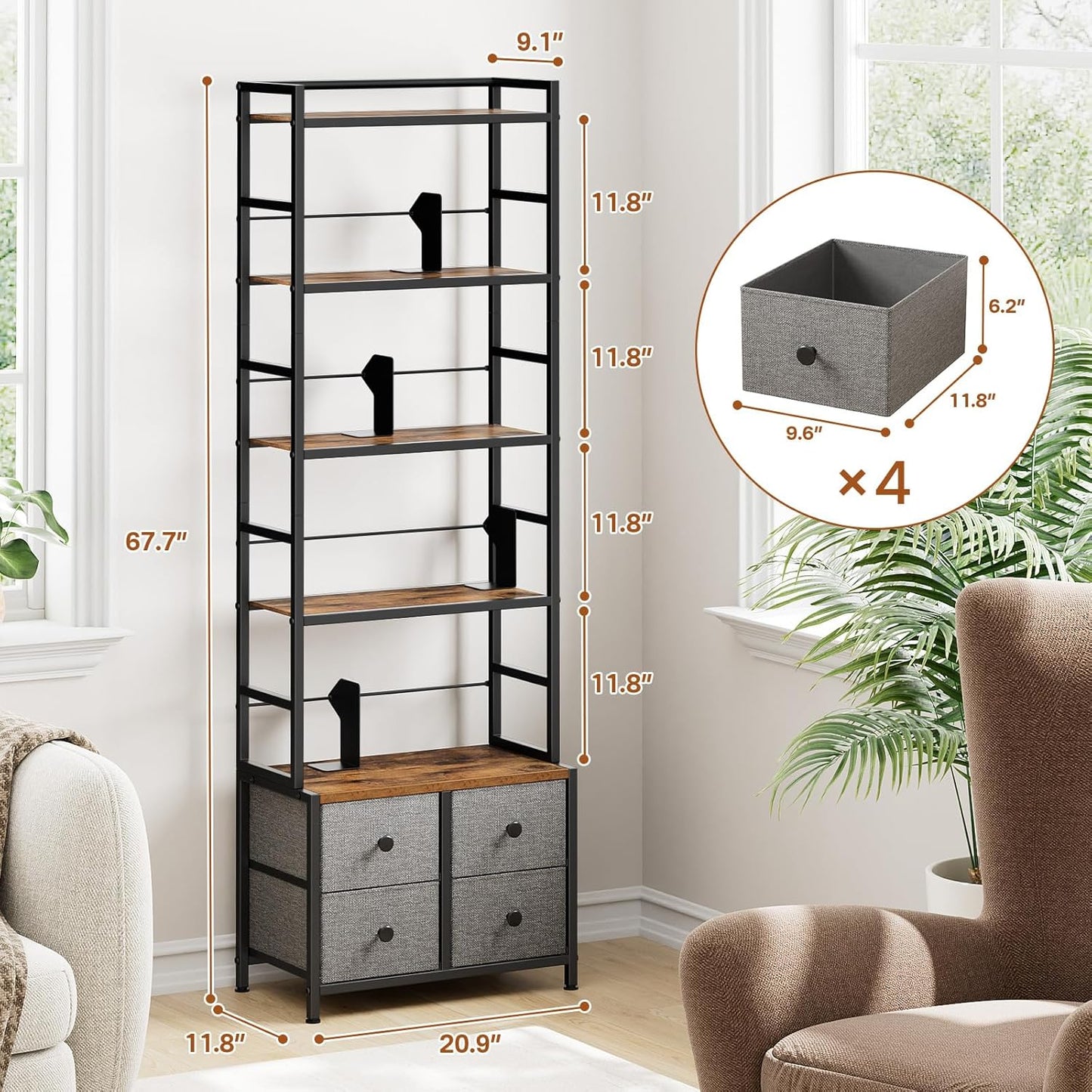 5 Tier Bookshelf, Modern Bookcase with Bookends and 4 Drawers Storage Organizer, Metal Industrial Display Shelf, Free Standing Storage Shelving Unit for Bedroom, Living Room and Home Office