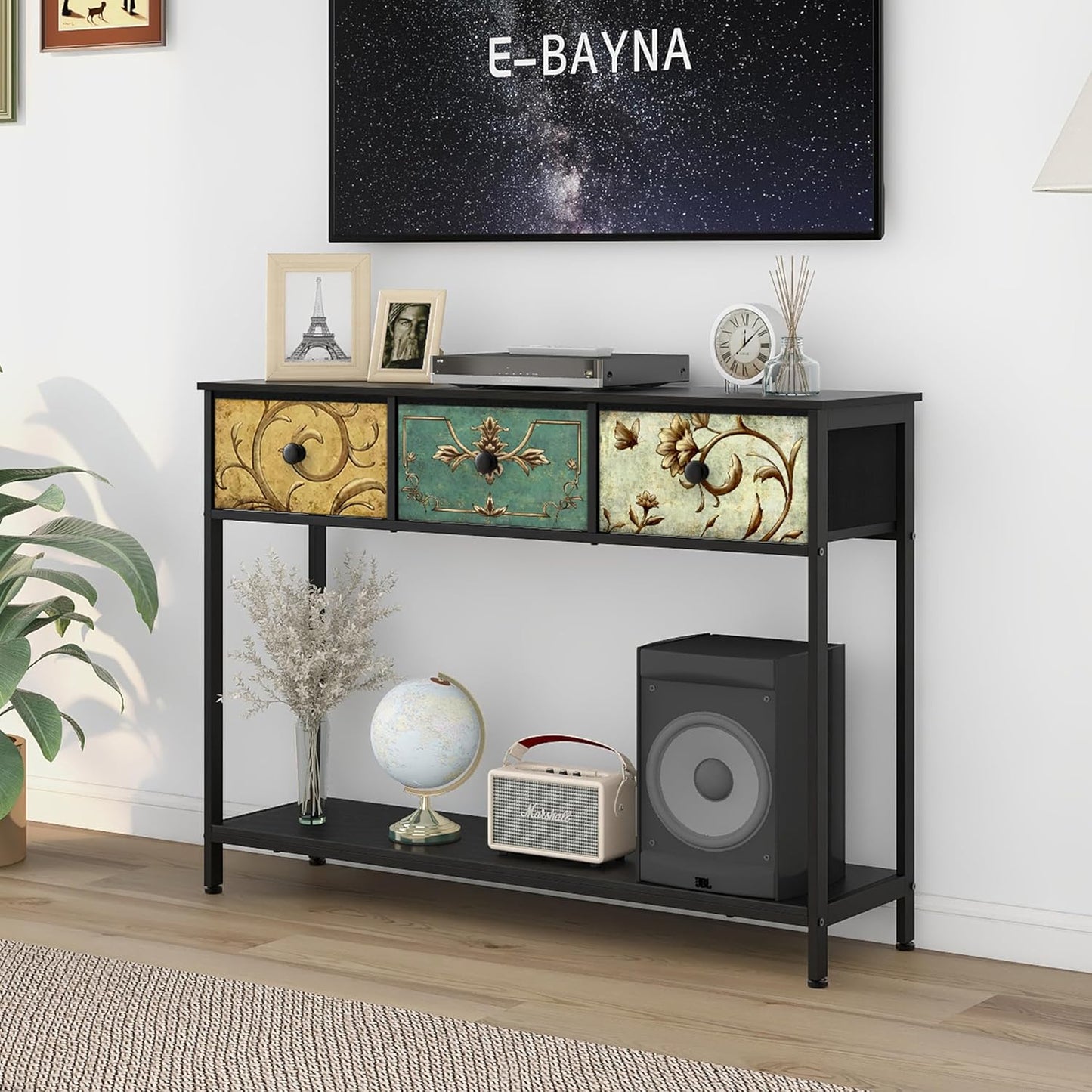 Tohomeor Entryway Console Table with 3 Retro Flowers Fabric Drawers Boho Narrow Long Behind Couch Farmhouse Sofa Table with Bottom Open Storage Shelf for Hallway Living Room Foyer (Black, 3 Drawers)