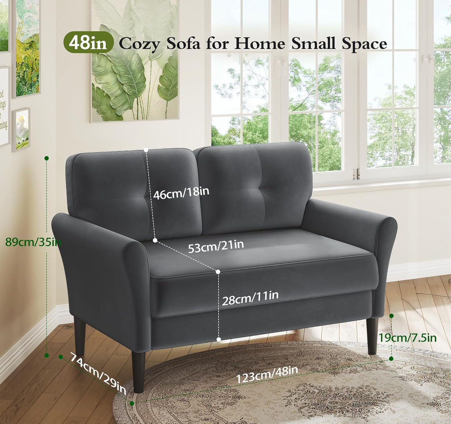 Small Sofa Couch, 48" Loveseat Sofa, Soft Velvet Love Seat Couches, Small Couch for Bedroom with 21" Deep Seat, Comfy Couches for Living Room, Tool-Free Setup Sofas for Living Room, Grey