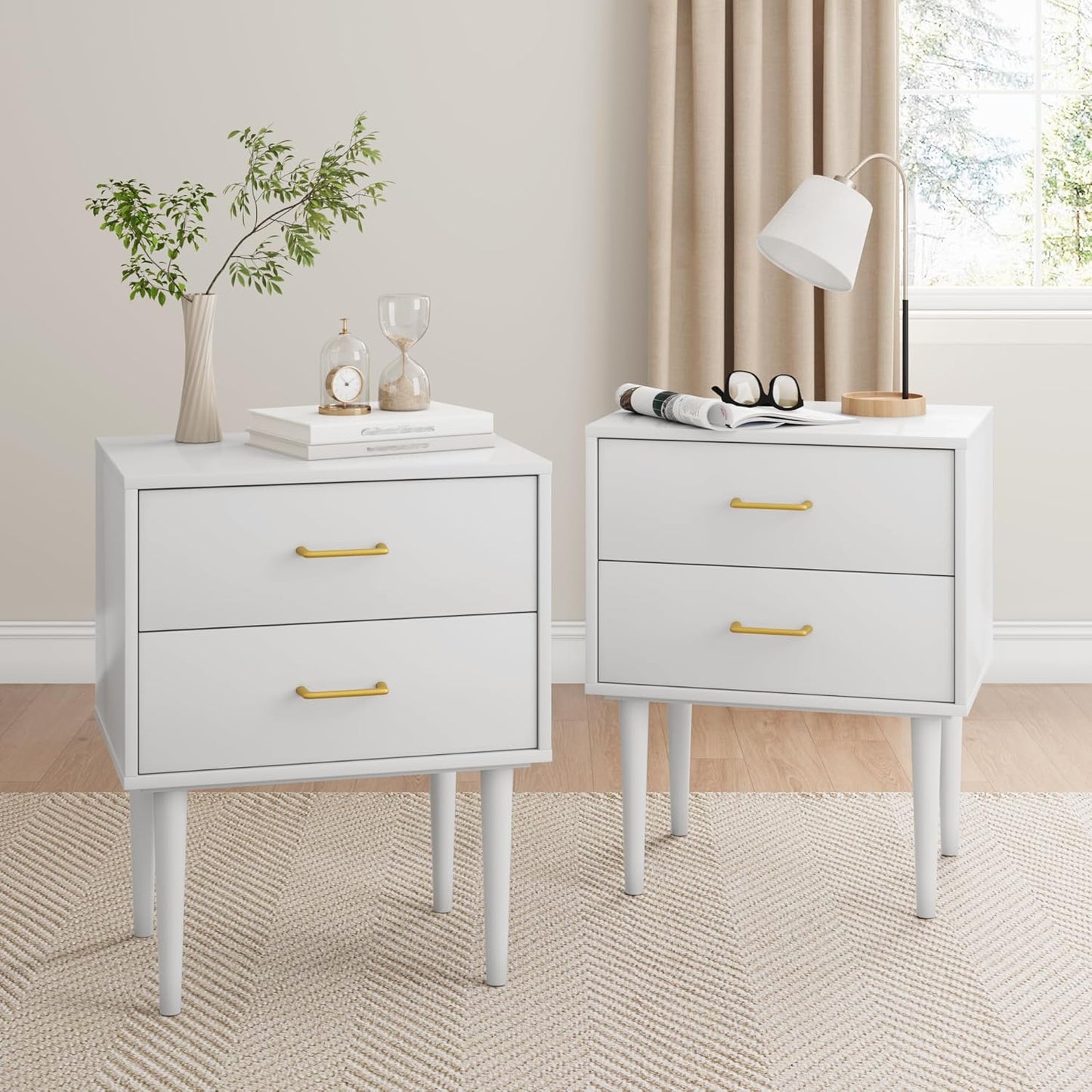 Set of 2 White Nightstand with 2 Drawers,Tall Night Stand with Gold Handles, Bedside Table with Solid Wood Legs, Nightstands for Bedroom