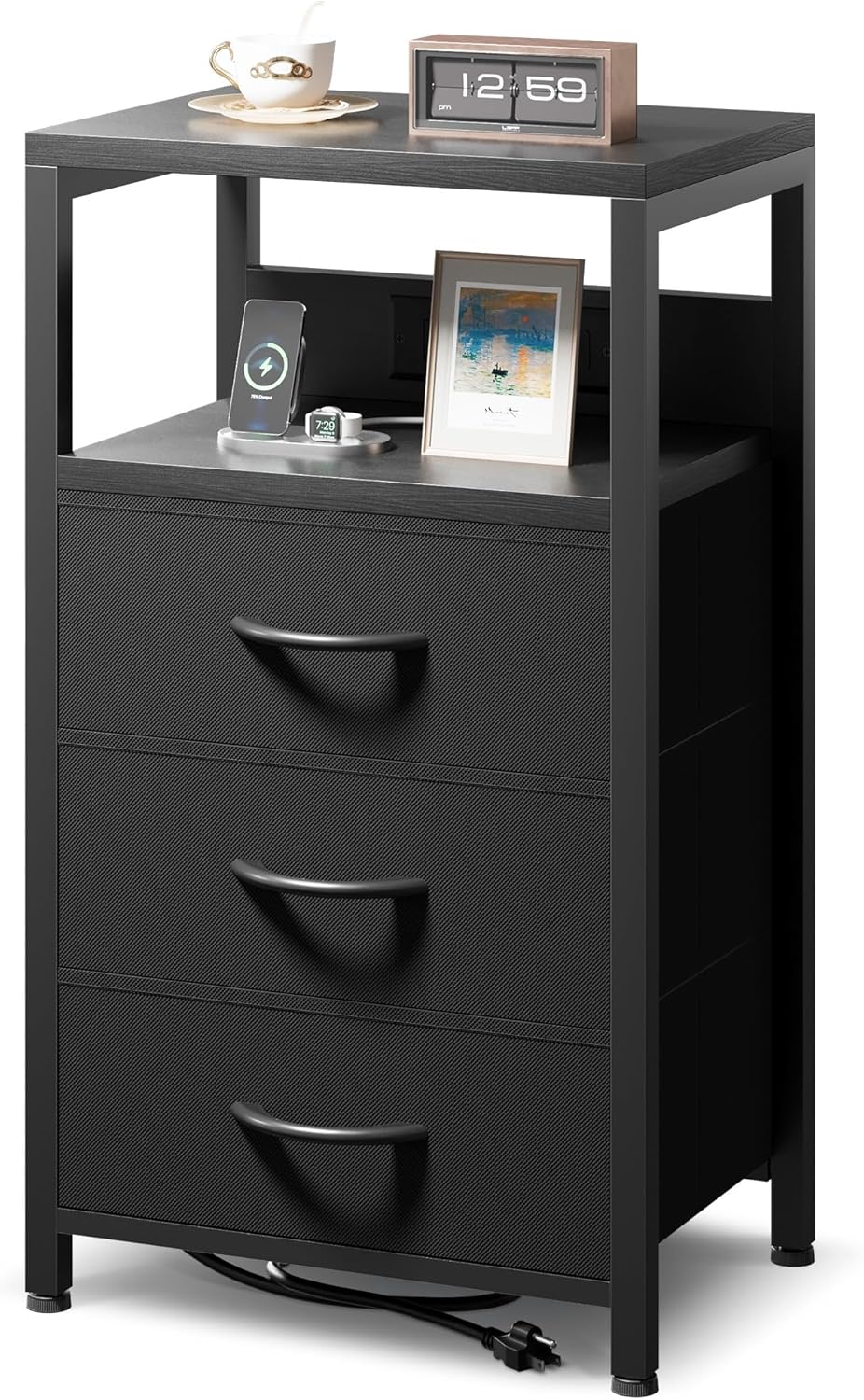 NightStand Bedside Charging Table Bedroom - Night Stand with Charger Station, Black Modern Bed Side End Table with Open Shelf & 3 Fabric Drawers, USB-C USB Ports & AC Outlets for Dorm, Living Room