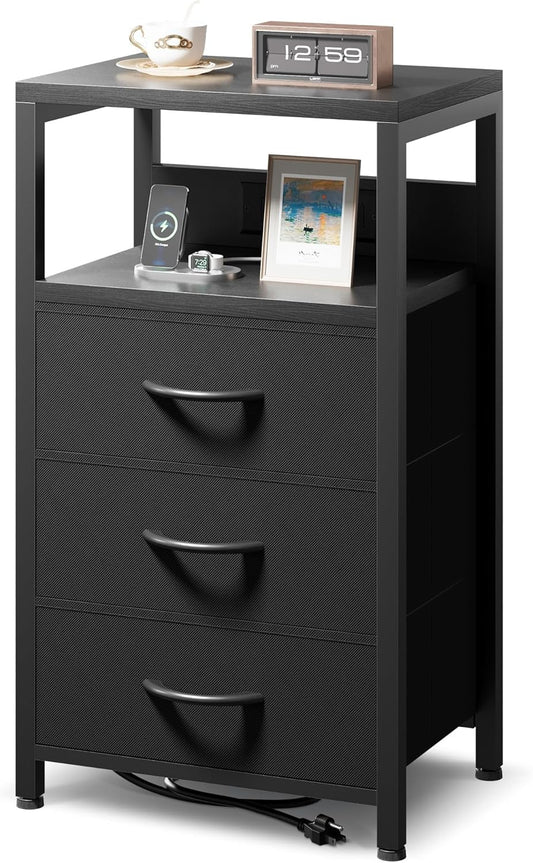 NightStand Bedside Charging Table Bedroom - Night Stand with Charger Station, Black Modern Bed Side End Table with Open Shelf & 3 Fabric Drawers, USB-C USB Ports & AC Outlets for Dorm, Living Room