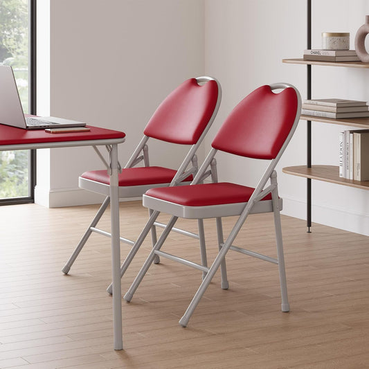 GarveeHome 2 Pack Folding Chairs with PU Leather Padded Cushion and Back, Metal Foldable Chair for Indoor Outdoor, Commercial Stackable Guest Chairs for Camping, Dining Room, Office, Party, Red