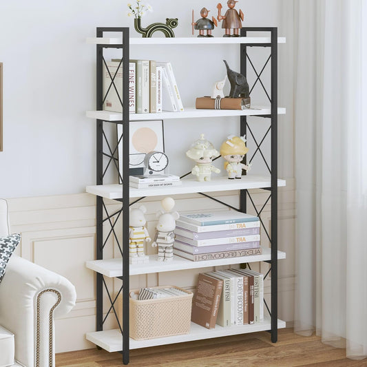 HCHQHS Bookshelf, 5-Tier Industrial Bookcase, Open Book Shelf, Freestanding Tall Bookshelves with Metal Frame