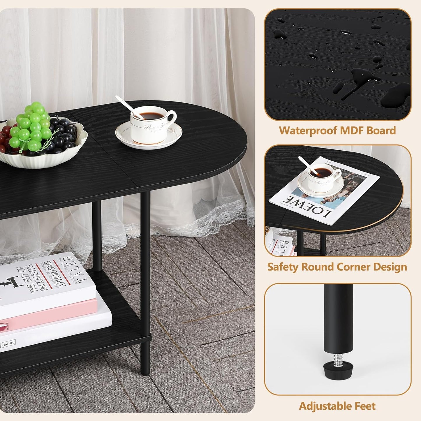 Black Coffee Table for Living Room, 2-Tier Small Oval Center Table, Mid Century Farmhouse Round Tea Table with Storage Shelf for Small Space, Home Office, Living Room