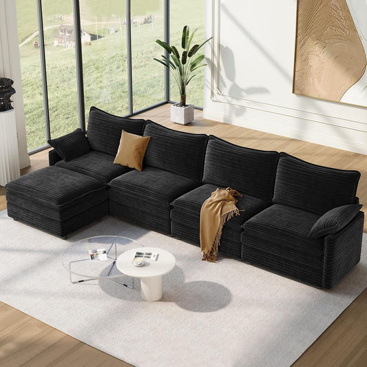 Vesgantti 142" Cloud Couch Sectional Modular Sofa, Comfy Sectional Couch with Ottoman Deep Seat Corduroy L Shaped Sofa, Modular Couches for Living Room, Bedroom and Apartment, Black