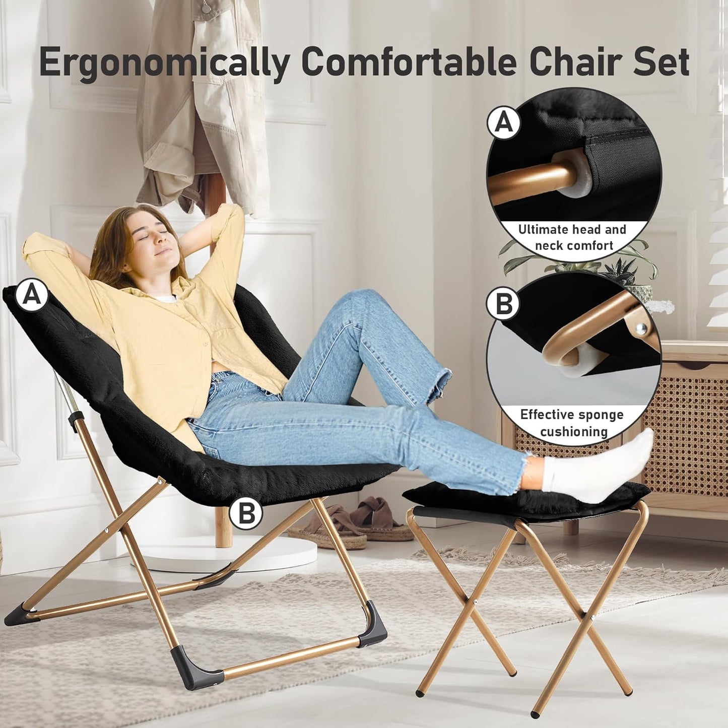 Comfy Oversized Saucer Chair with Ottoman,Soft Faux Fur Reading Lounge Chair for Adults,Stable X-Large Metal Frame and Non-Slip Pad,Cozy Chair for Bedroom, Living Room, Dorm, Office, Black