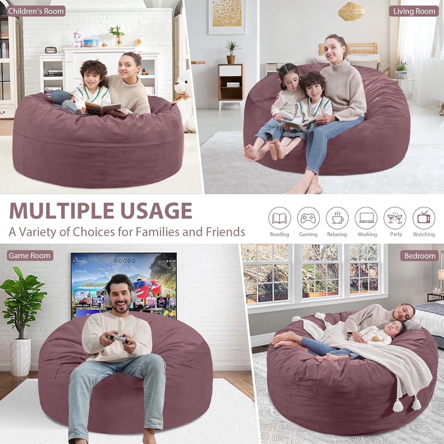 3FT Bean Bag Chair, Comfy Bean Bag Chairs with Memory Foam Filled, Fluffy Beanbag Sofa with Dutch Velvet Cover, Round BeanBag Chairs for Living Room, Playroom - Dusty Pink