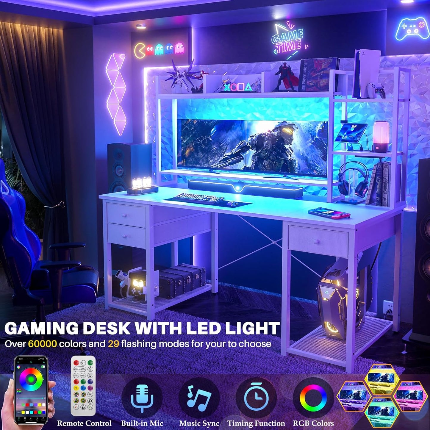 Aheaplus LED Gaming Desk with Hutch, 55.2" Workstation - White