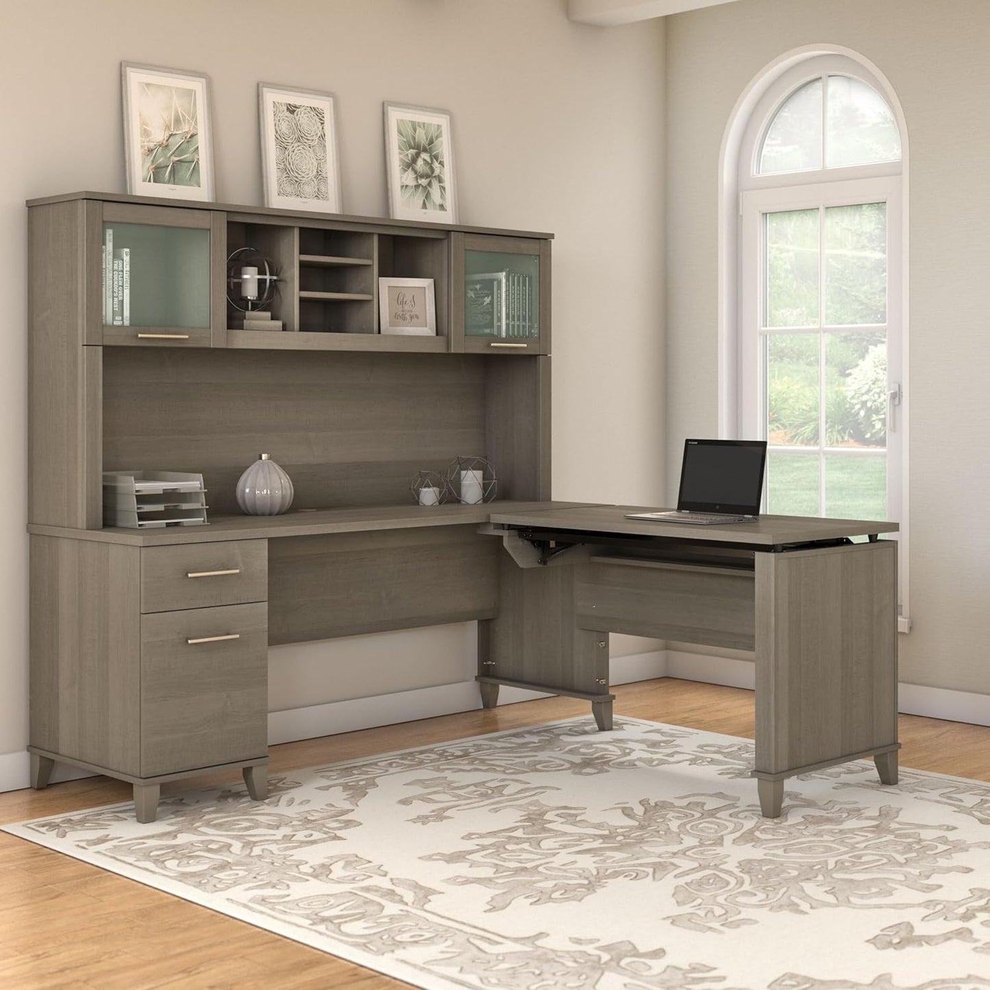 Bush Furniture Somerset 3 Position Sit to Stand L Shaped Desk with Hutch in Ash Gray Ergonomic Height Adjustable Standing Computer/Laptop Table for Home Office