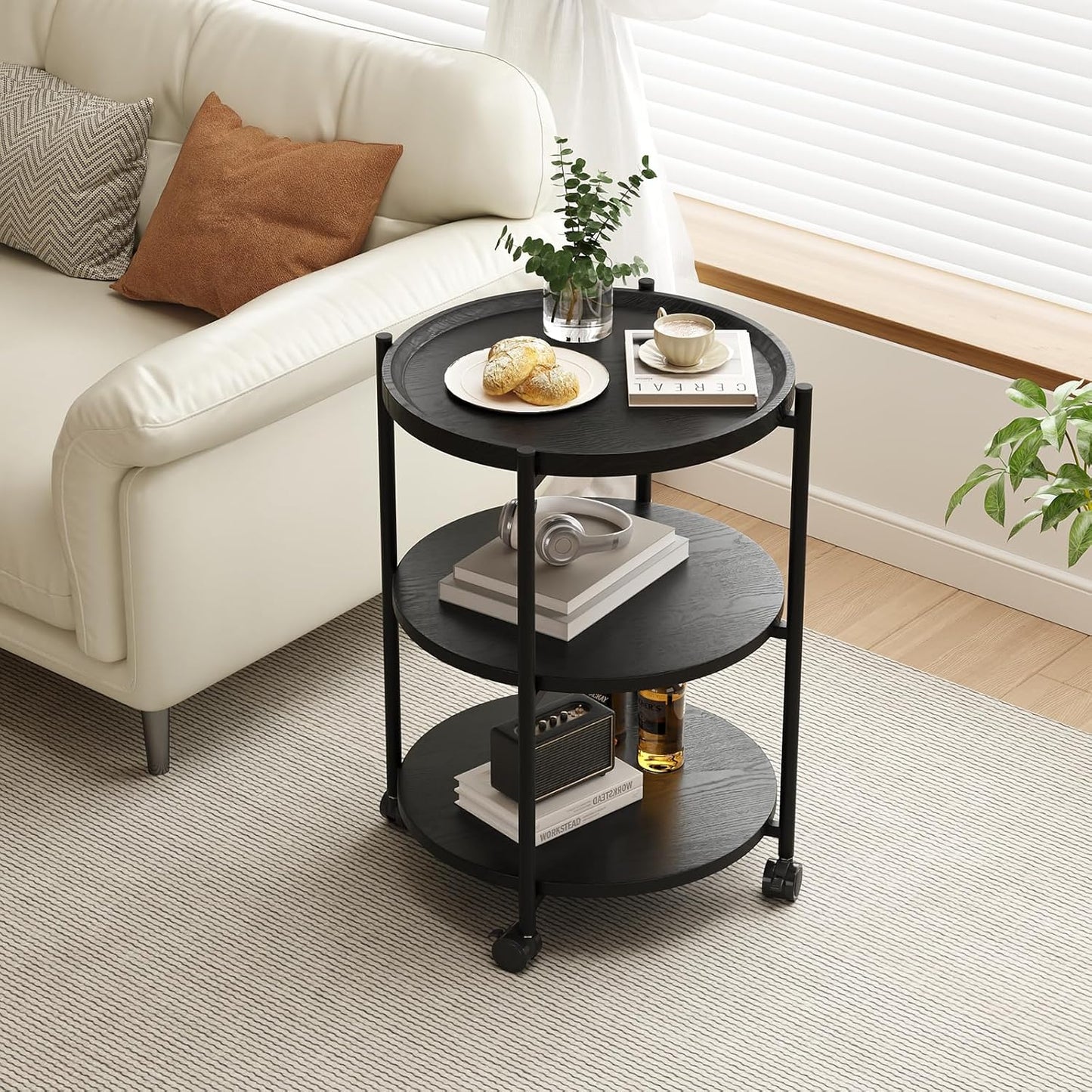 Side Table, 3-Tier Modern End Table with Wheels, Small Round Nightstand Bedside Table for Living Room, Bedroom, or Small Spaces-Black