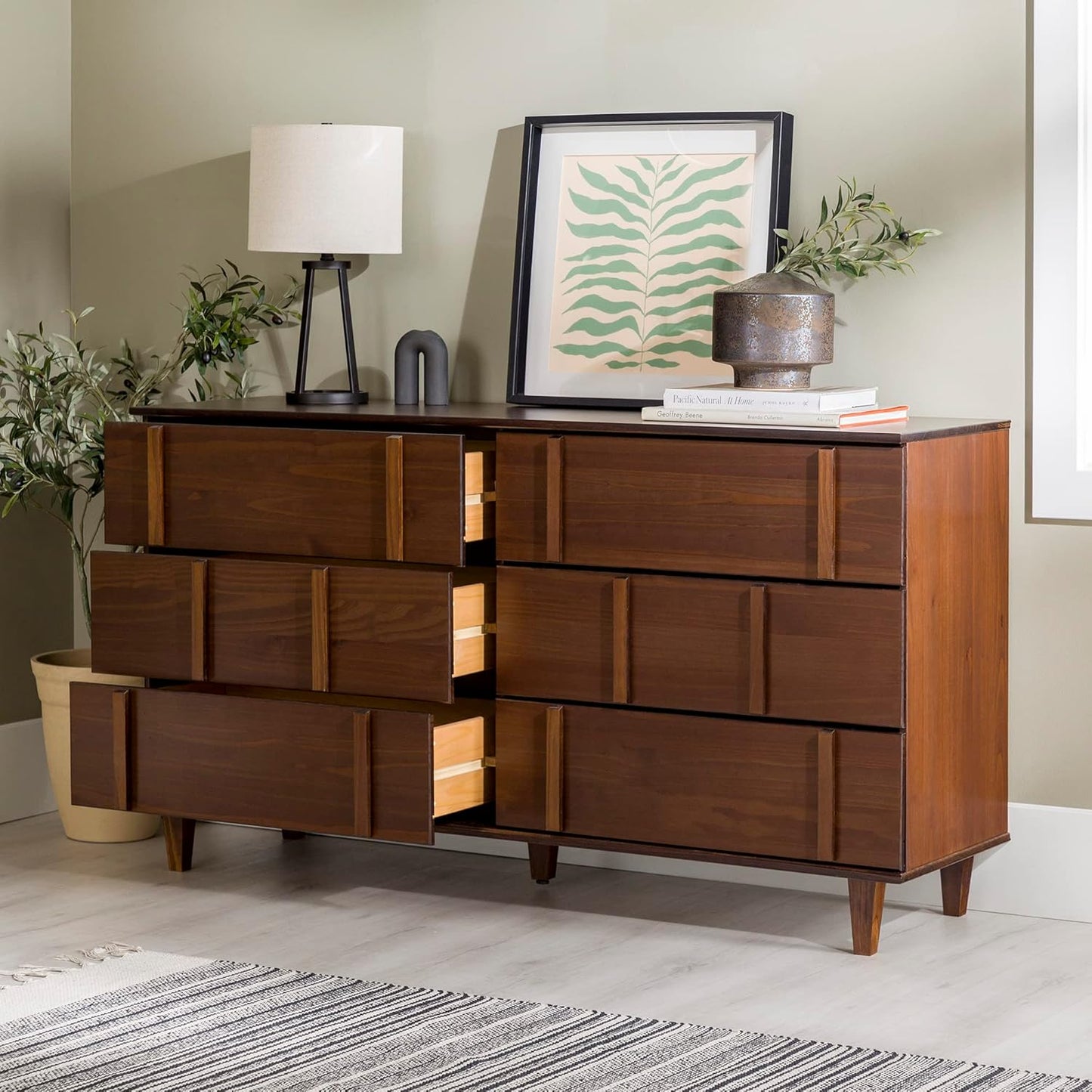 Walker Edison Contemporary Detailed 6-Drawer Solid Wood Dresser, 60 Inch, Walnut