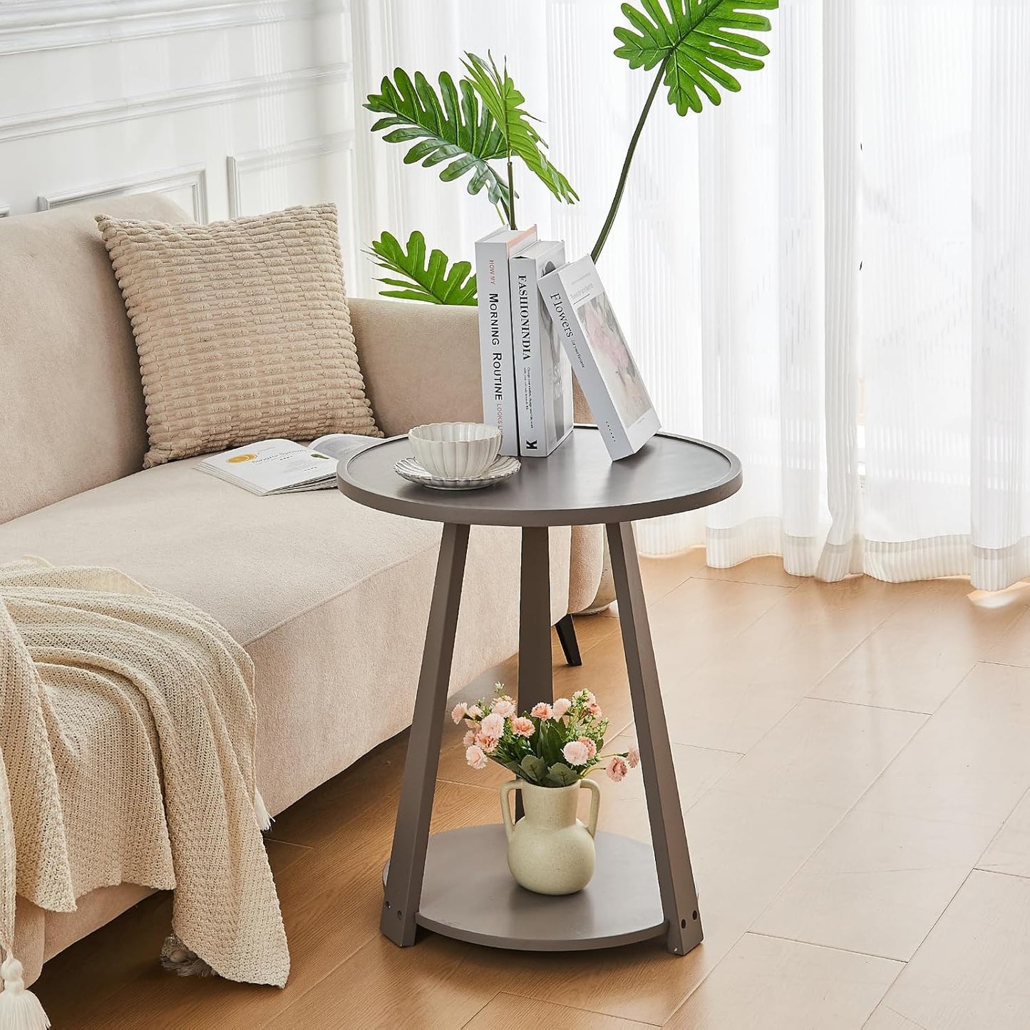 Uniclinens Wooden Small Round End Table, Narrow/Little Coffee/Sofa/Couch SideTable for Living Room Bedroom, Solid Wood Bedside Nightstand, Gray