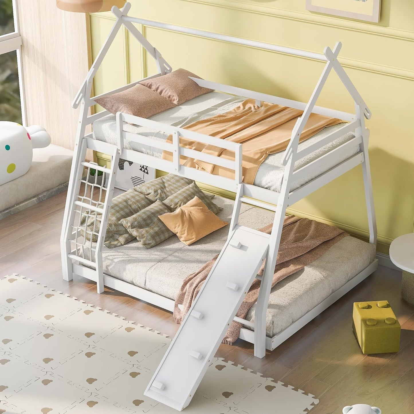 Twin Over Queen House Bunk Bed with Climbing Nets and Climbing Ramp for Kids Teens Boys Girls,Solid Wood Bunk Bed Frame with Safety Guardrails,Playful Design,White