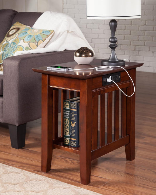 AFI, Mission Chair Side Table with Charging Station, Walnut