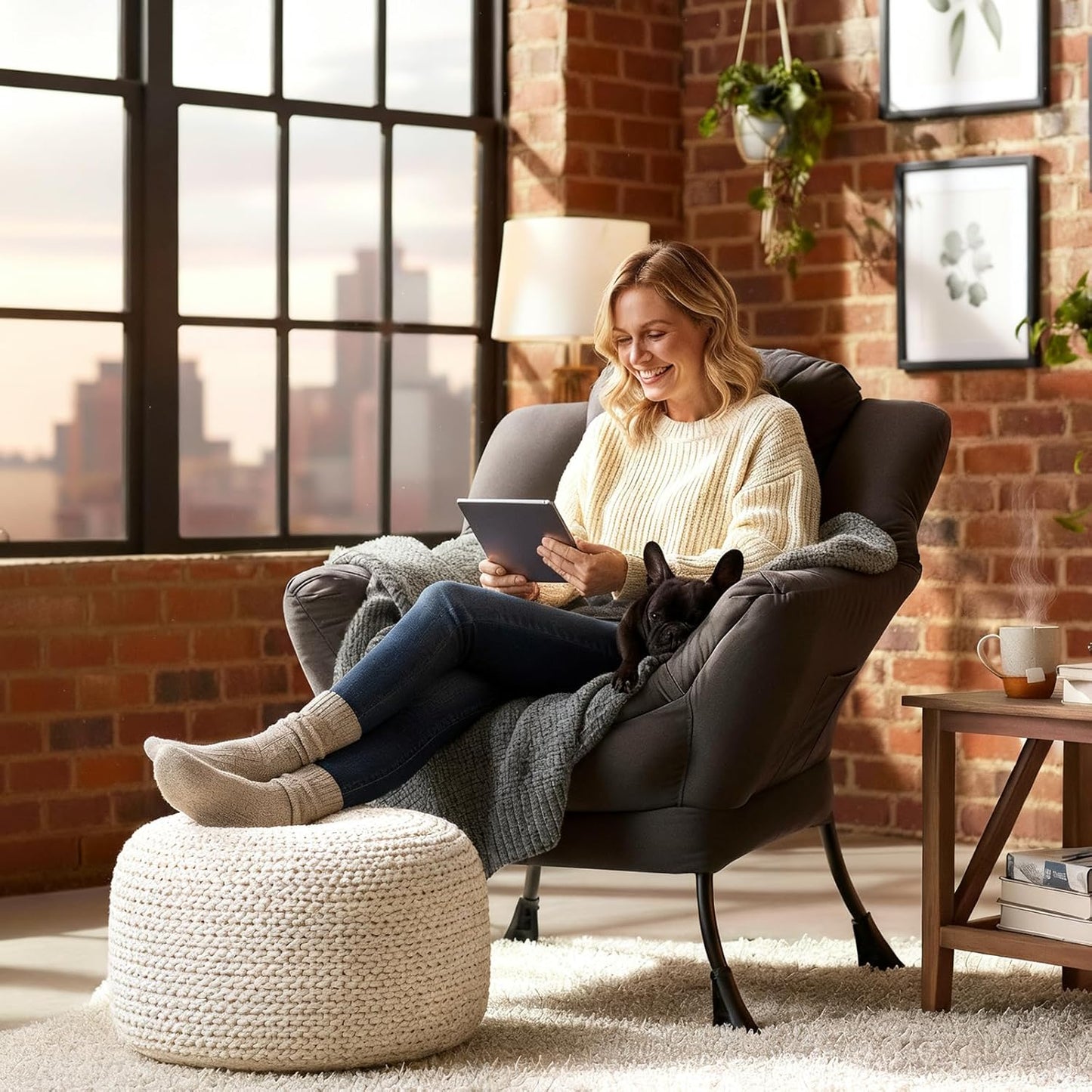 Lazy Chair, Reading Armchair, Large Modern Lounge Accent Chair, Leisure Sofa Chair for Living Room, Bedroom, Dorm Room, Dark Grey