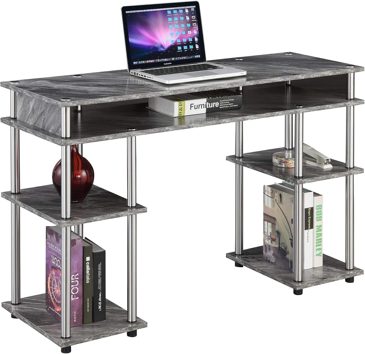 Convenience Concepts Designs2Go No Tools Desk Home Office Desk with Shelves, Corner Shelf Vanity Desk Computer Desk Nail Table for Nail Tech - 47.25" L x 15.75" W x 30" H, Gray Faux Marble