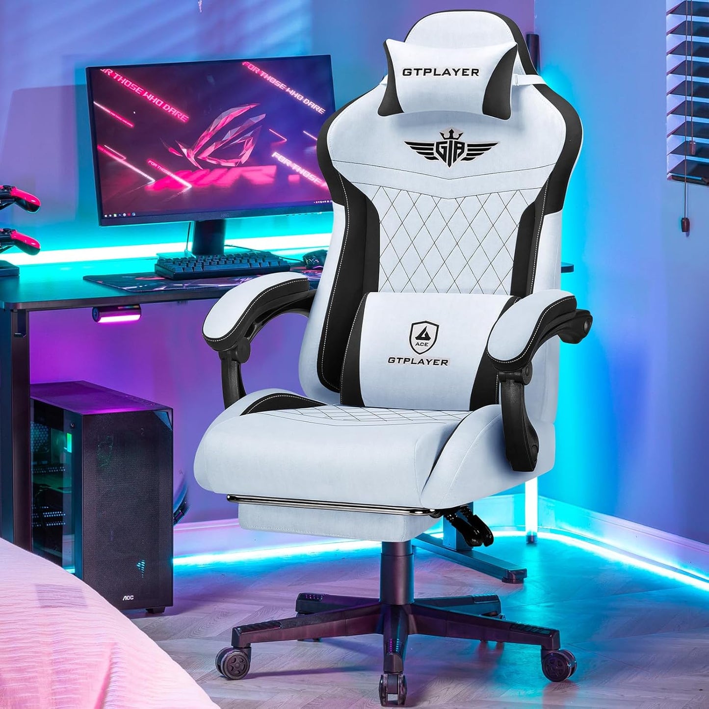 GTPLAYER Gaming Chair, Video Game Chairs with Footrest and Lumbar Support, Computer Chair for Adults with Extended Backrest, Ergonomic Reclining Silla Gamer, Velvet Fabric, Light Blue