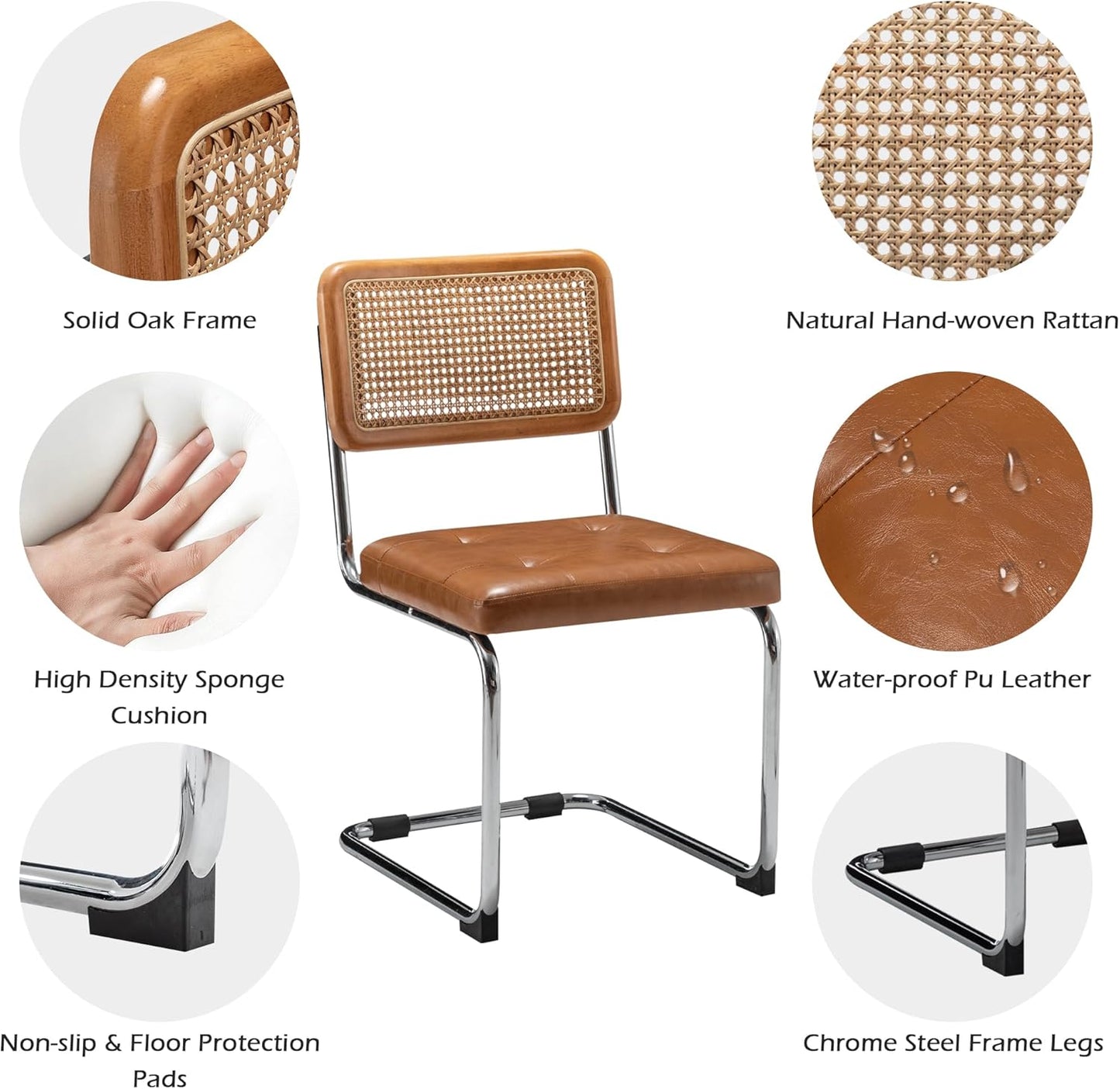 Rattan Dining Chairs Set of 2 Mid Century Modern Kitchen Chairs with Natural Rattan Backrest Oak Frame and Upholstered Pu Seat Chairs with Metal Legs